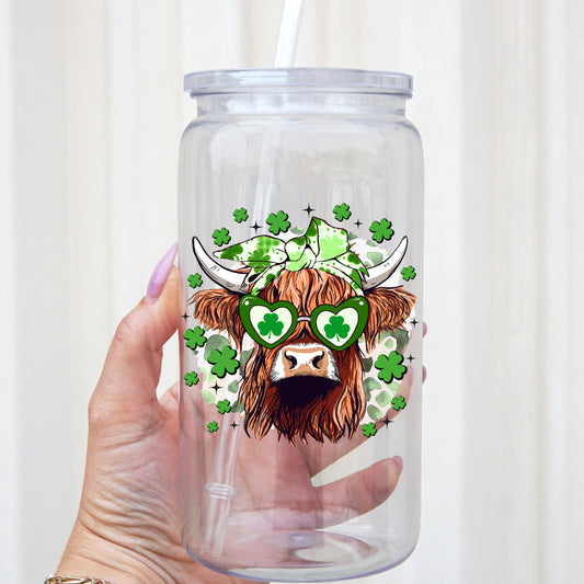 Highland Shamrock St Patrick's Day Cow 16oz Acrylic Plastic Cup with Clear Lid