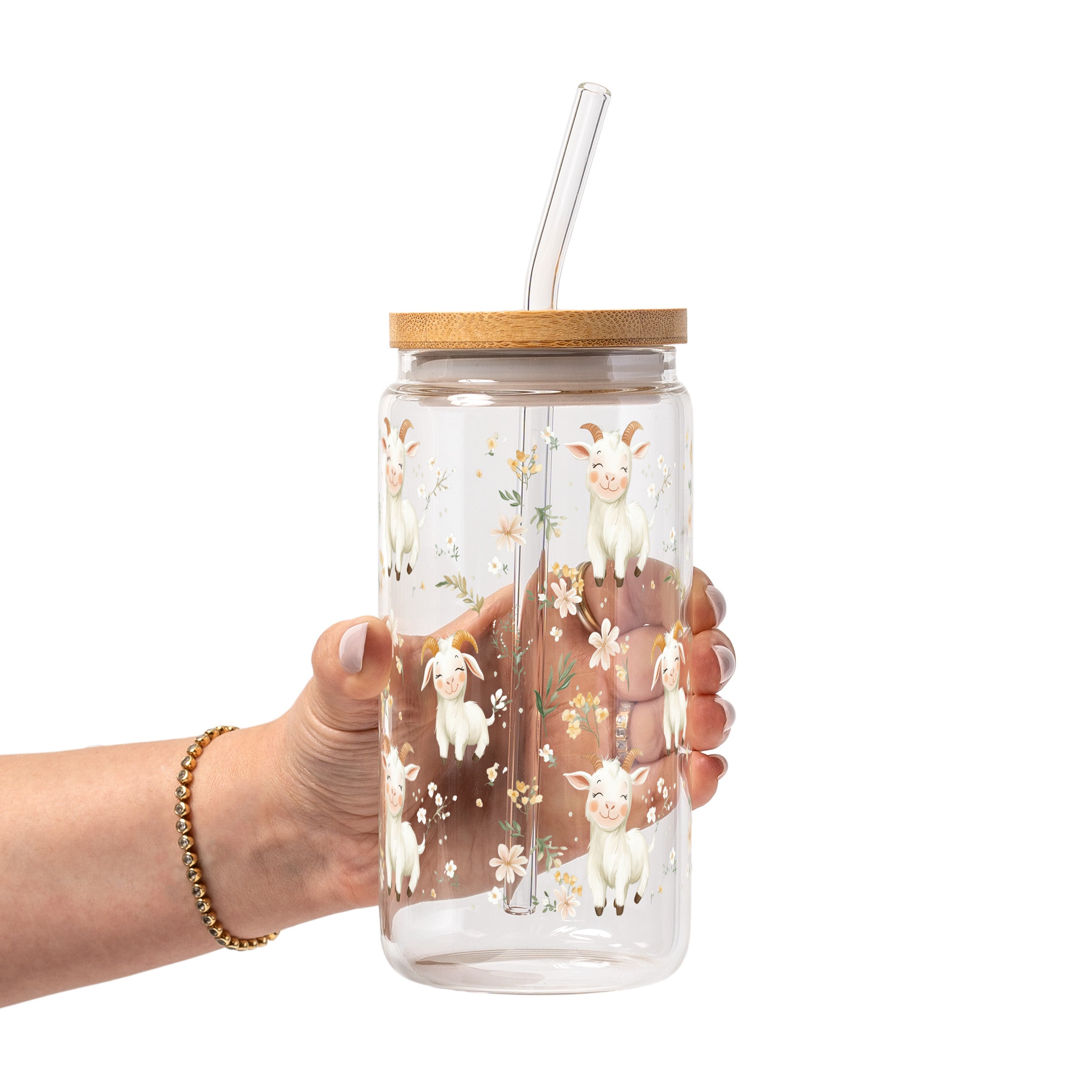 Floral Cute Goats Glass Cup, Mug & Tumbler with Lid and Straw