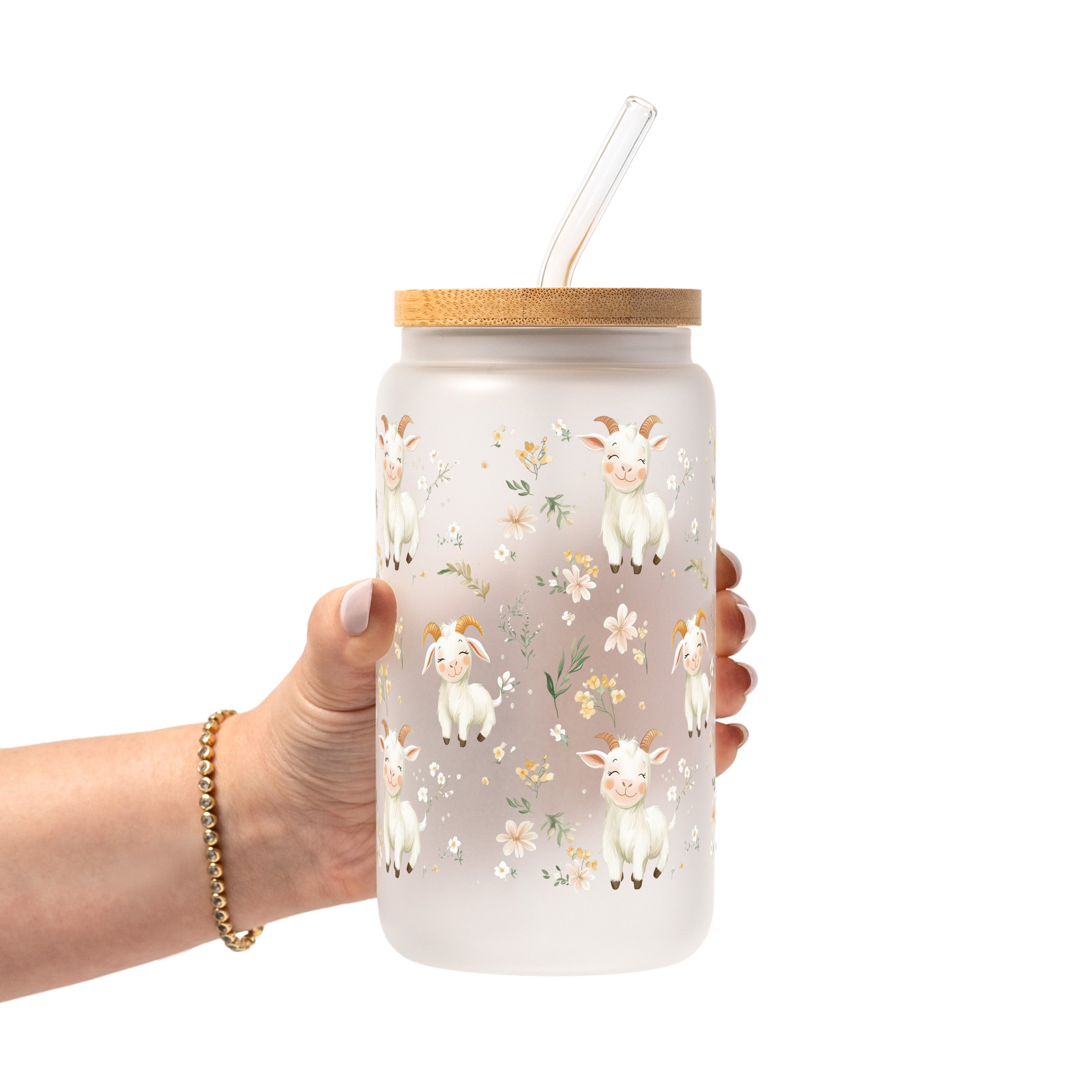 Floral Cute Goats Glass Cup, Mug & Tumbler with Lid and Straw