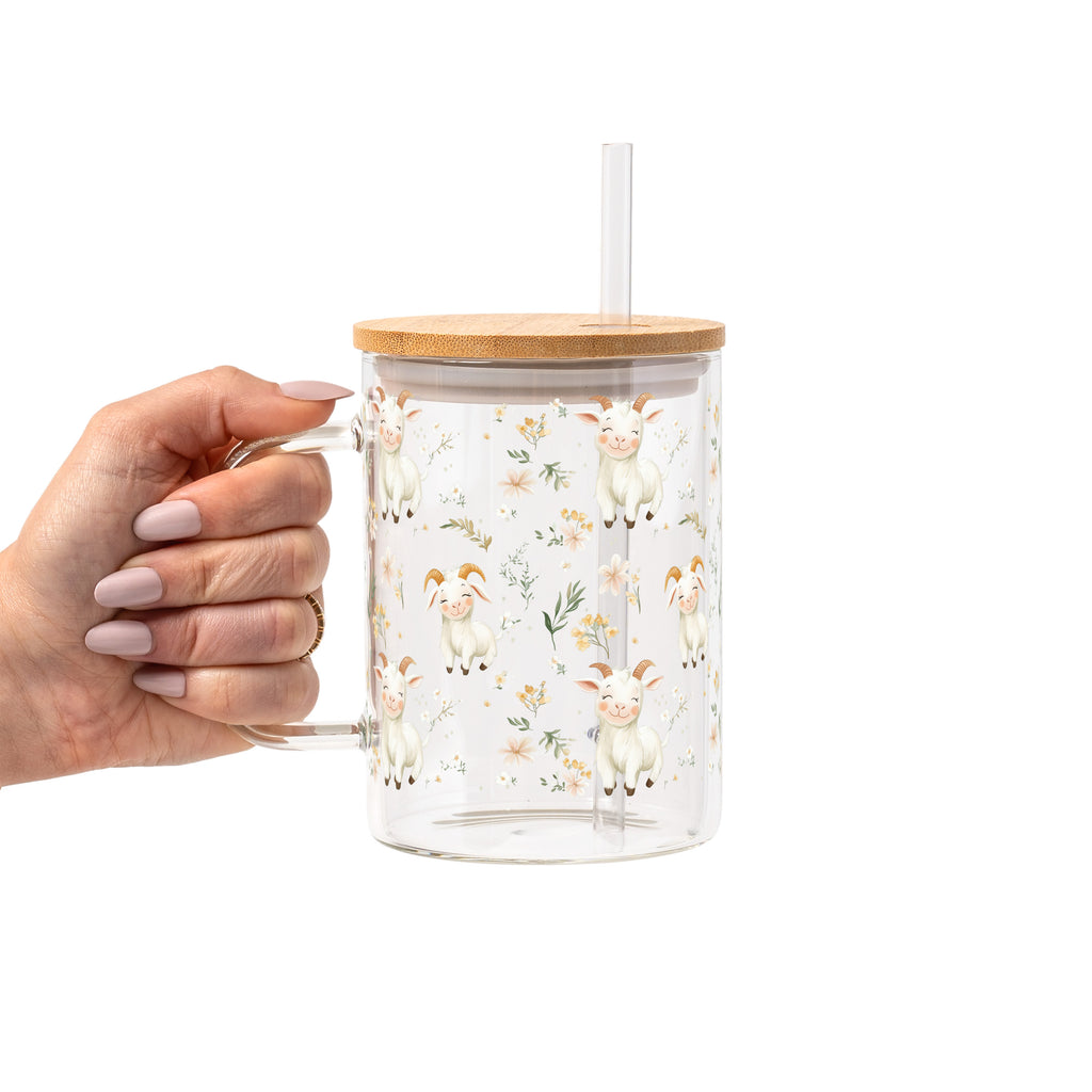 Floral Cute Goats Glass Cup, Mug & Tumbler with Lid and Straw