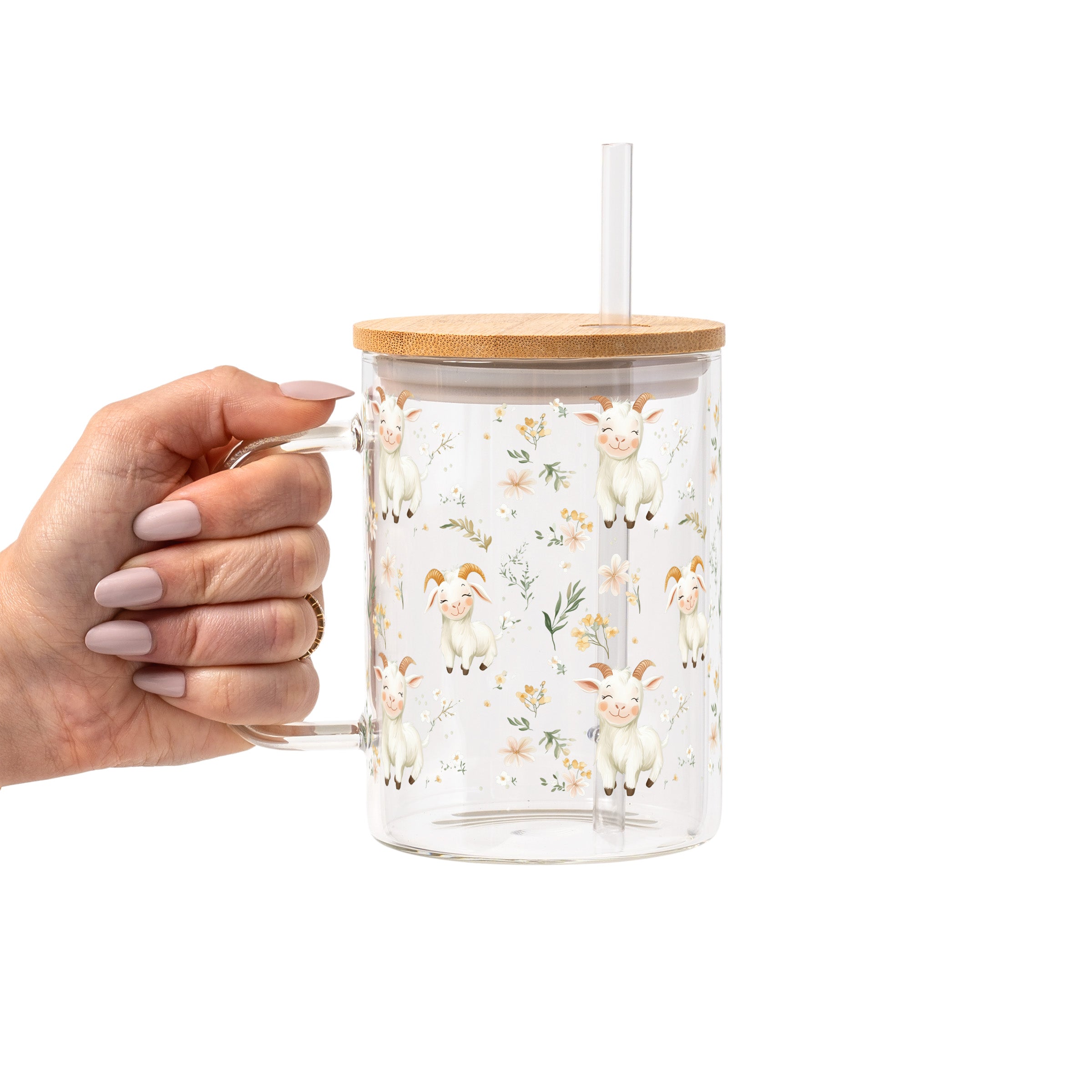 Floral Cute Goats Glass Cup, Mug & Tumbler with Lid and Straw