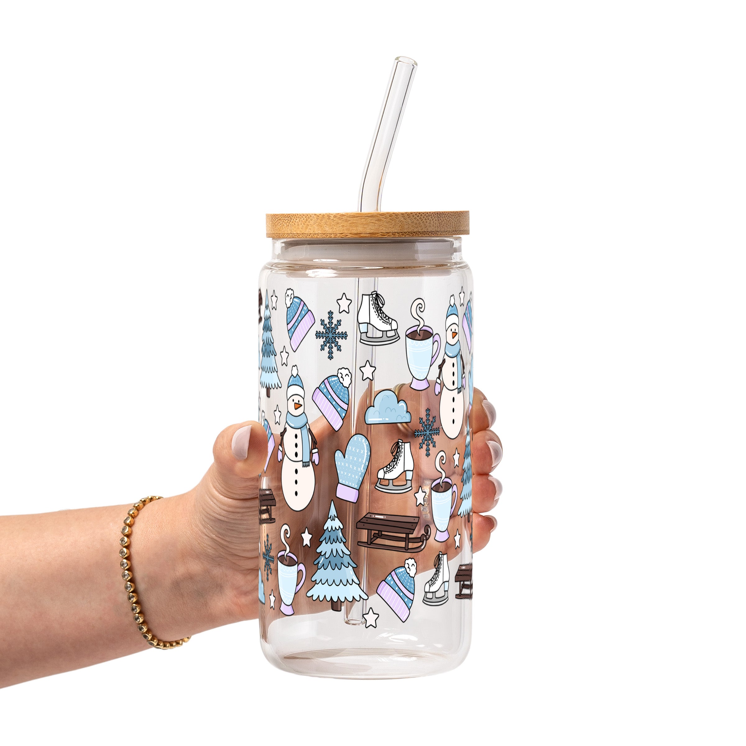 Blue Winter Glass Cup, Mug & Tumbler with Lid and Straw