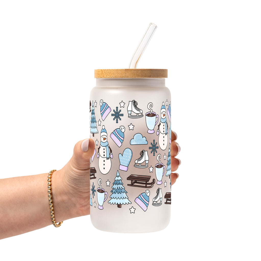 Blue Winter Glass Cup, Mug & Tumbler with Lid and Straw