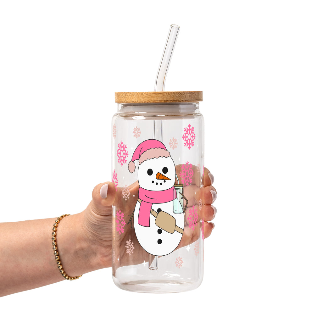Boujee Pink Snowman Glass Cup, Mug & Tumbler with Lid and Straw