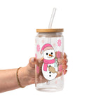 Boujee Pink Snowman Glass Cup, Mug & Tumbler with Lid and Straw