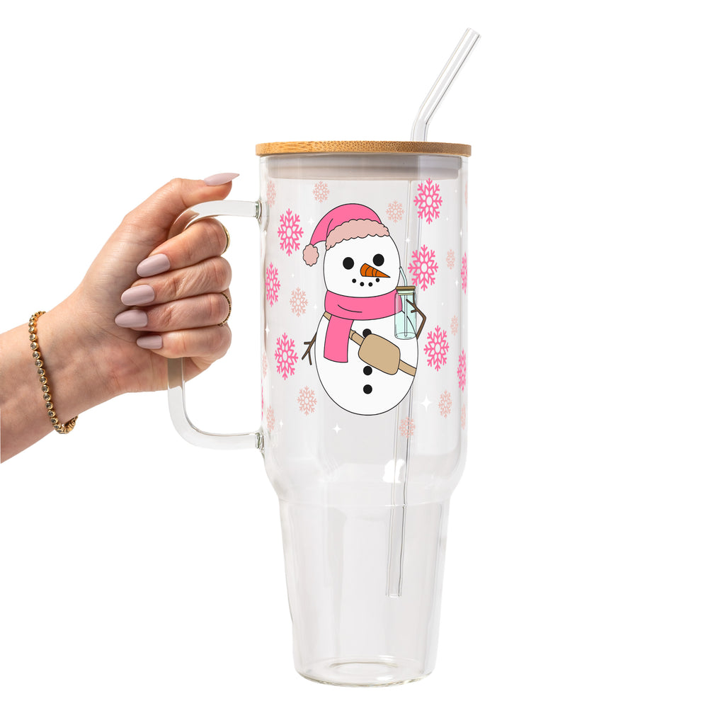 Boujee Pink Snowman Glass Cup, Mug & Tumbler with Lid and Straw