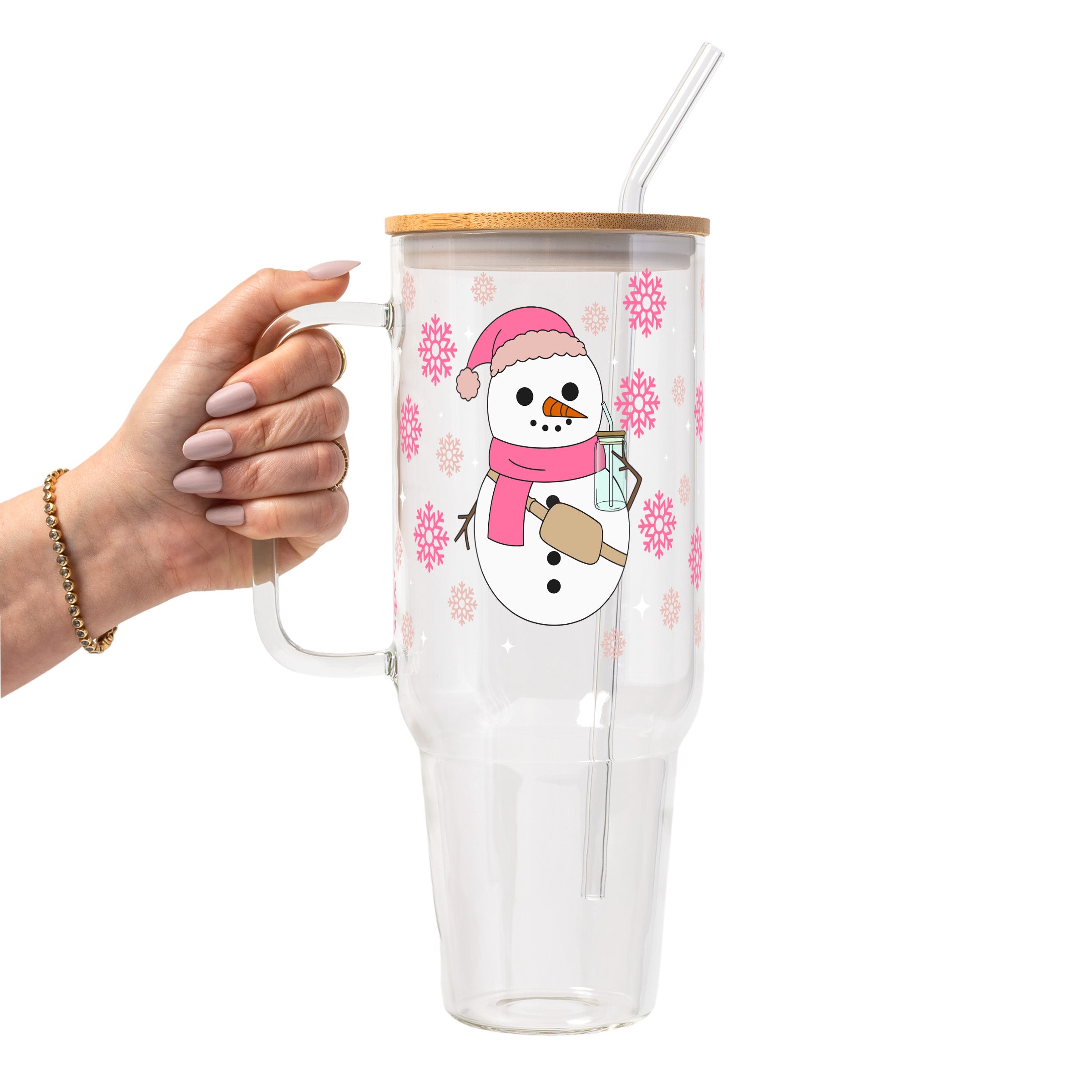 Boujee Pink Snowman Glass Cup, Mug & Tumbler with Lid and Straw