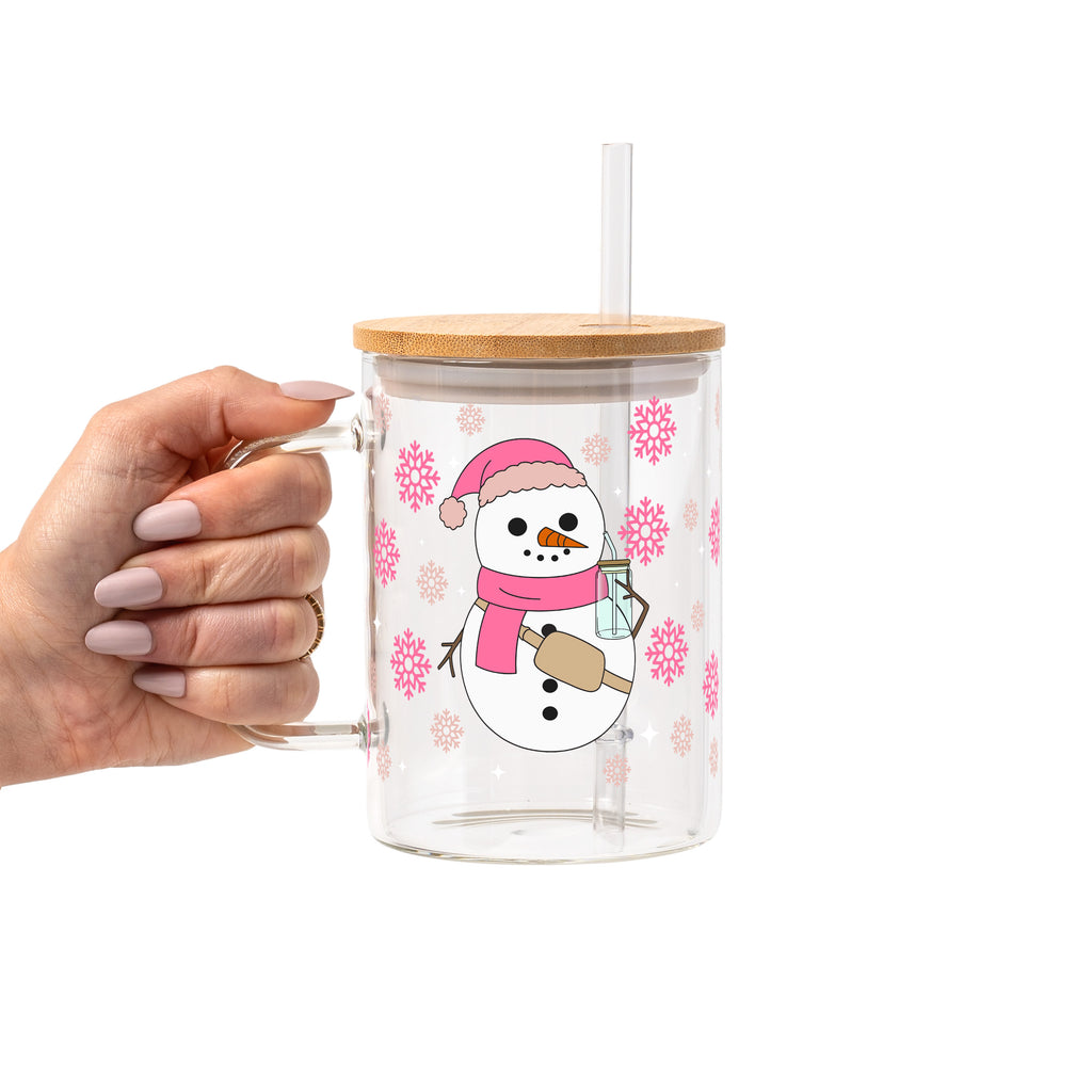 Boujee Pink Snowman Glass Cup, Mug & Tumbler with Lid and Straw