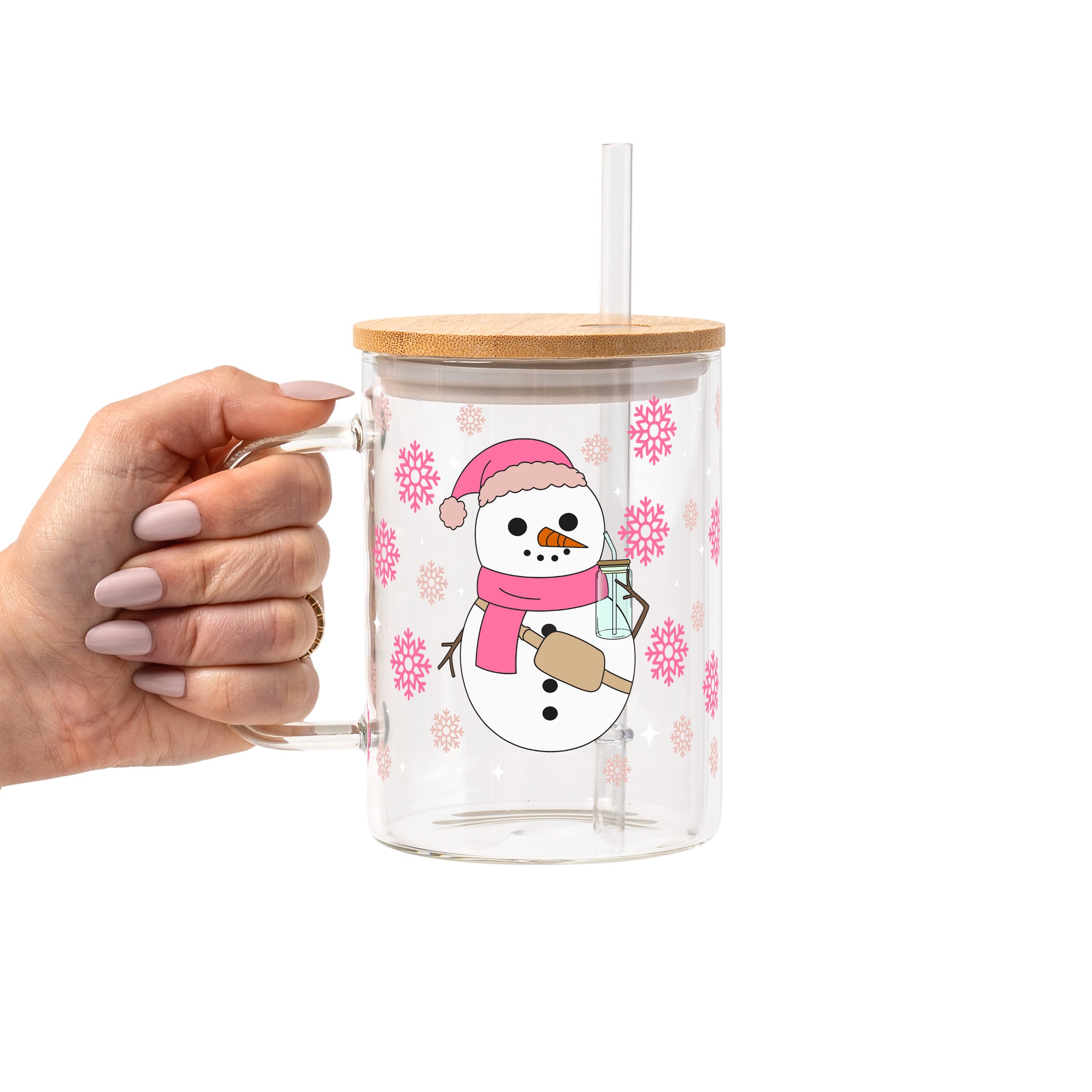 Boujee Pink Snowman Glass Cup, Mug & Tumbler with Lid and Straw