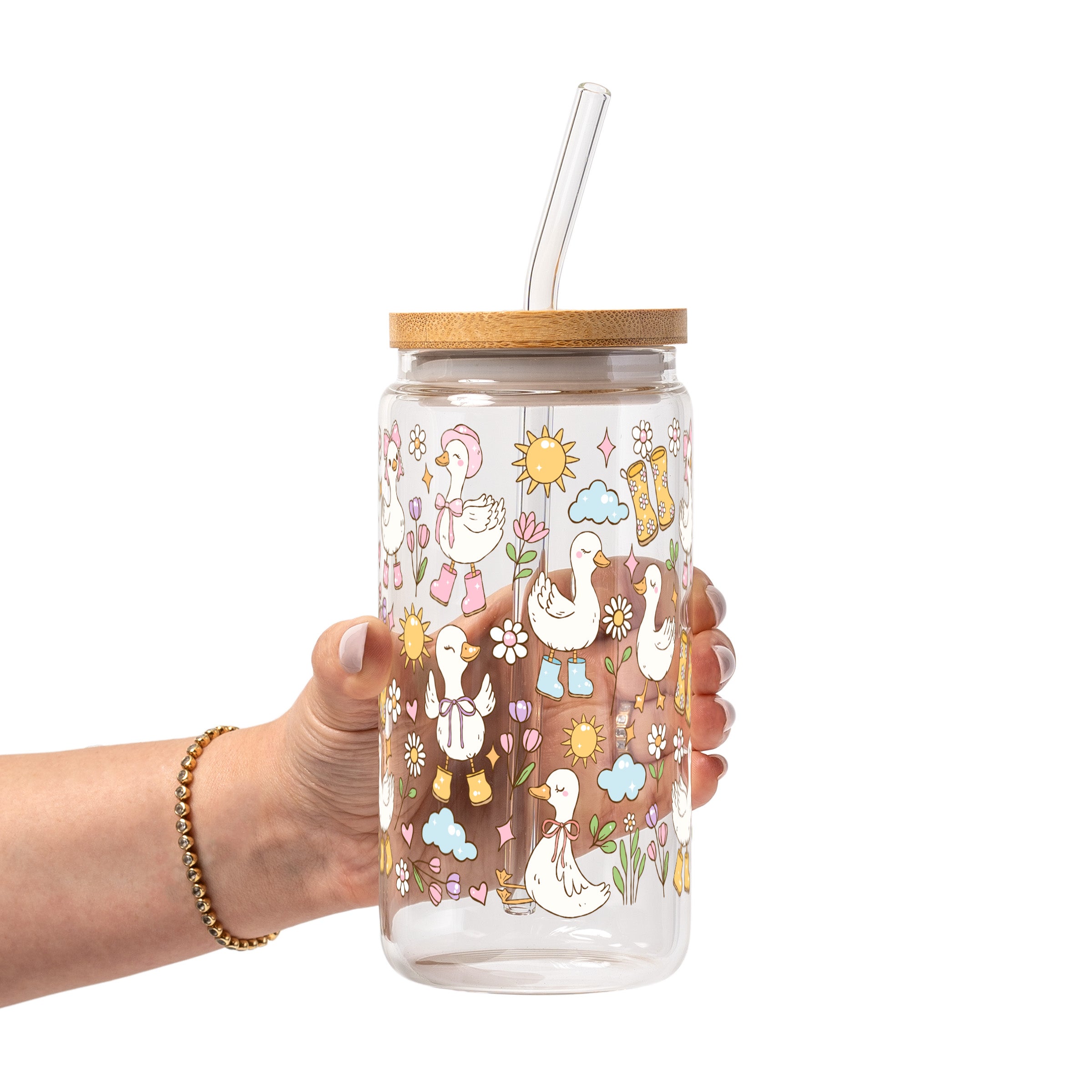 Cutie Cottage-Core Spring Goose Glass Cup, Mug & Tumbler with Lid and Straw