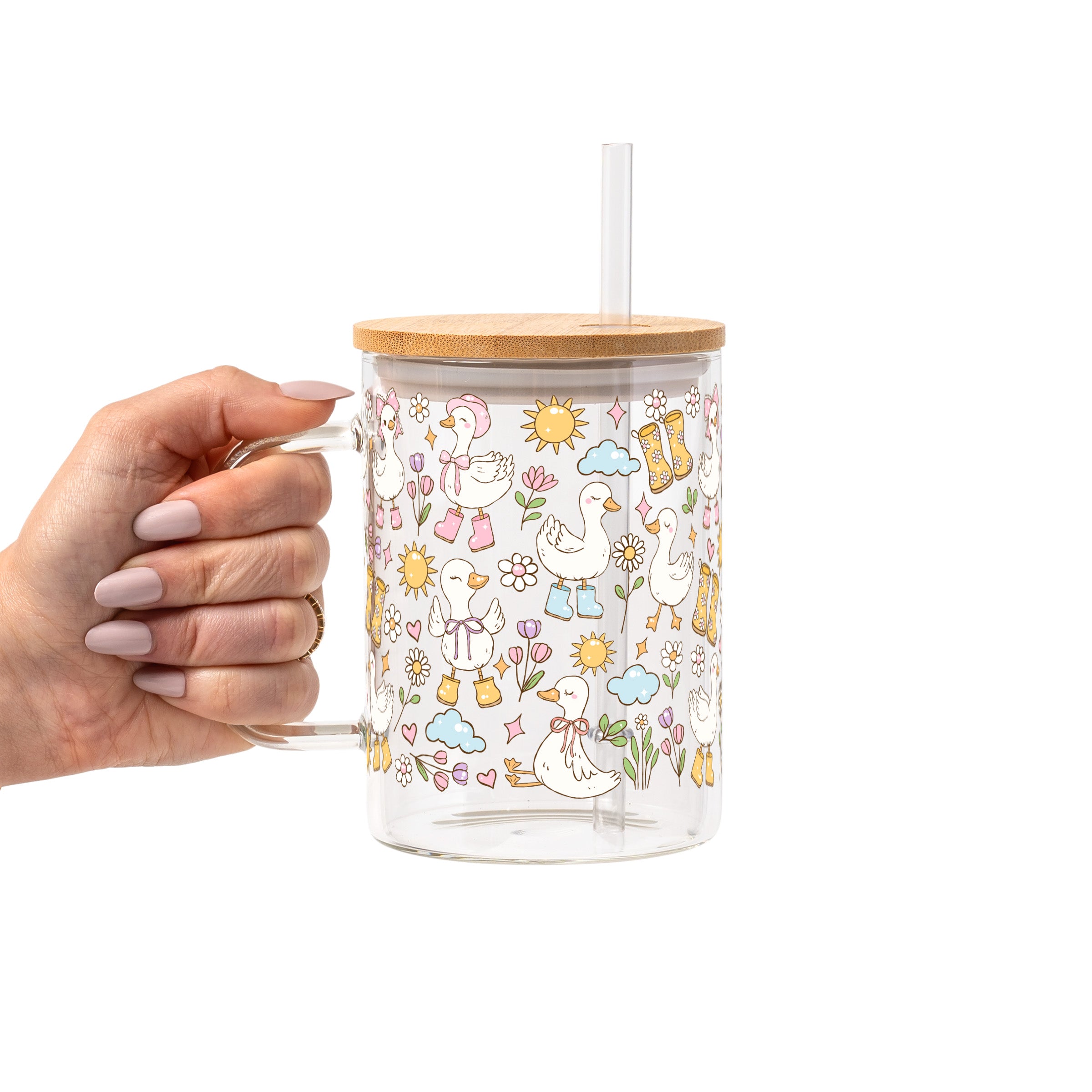 Cutie Cottage-Core Spring Goose Glass Cup, Mug & Tumbler with Lid and Straw