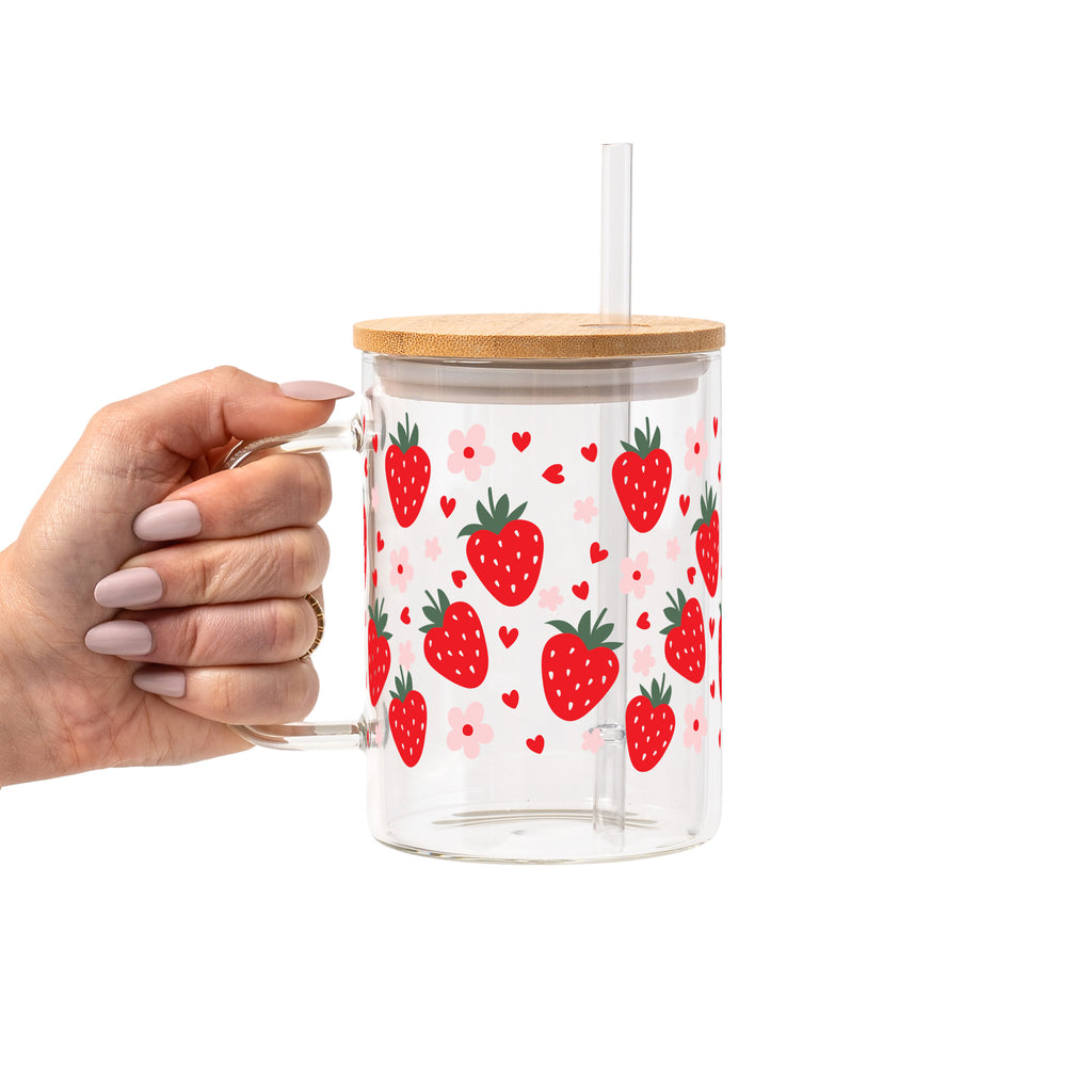 Strawberry Floral Glass Cup, Mug & Tumbler with Lid and Straw