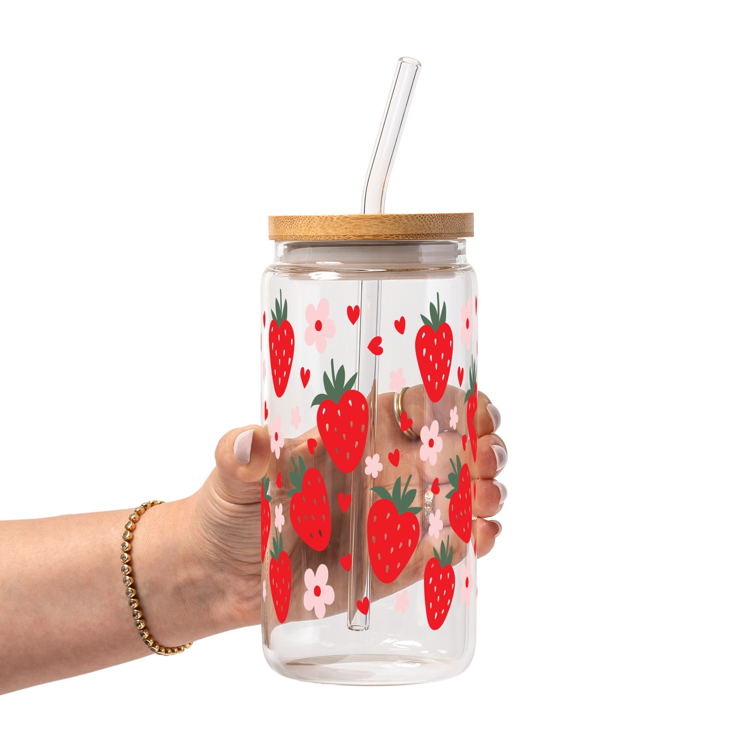 Strawberry Floral Glass Cup, Mug & Tumbler with Lid and Straw