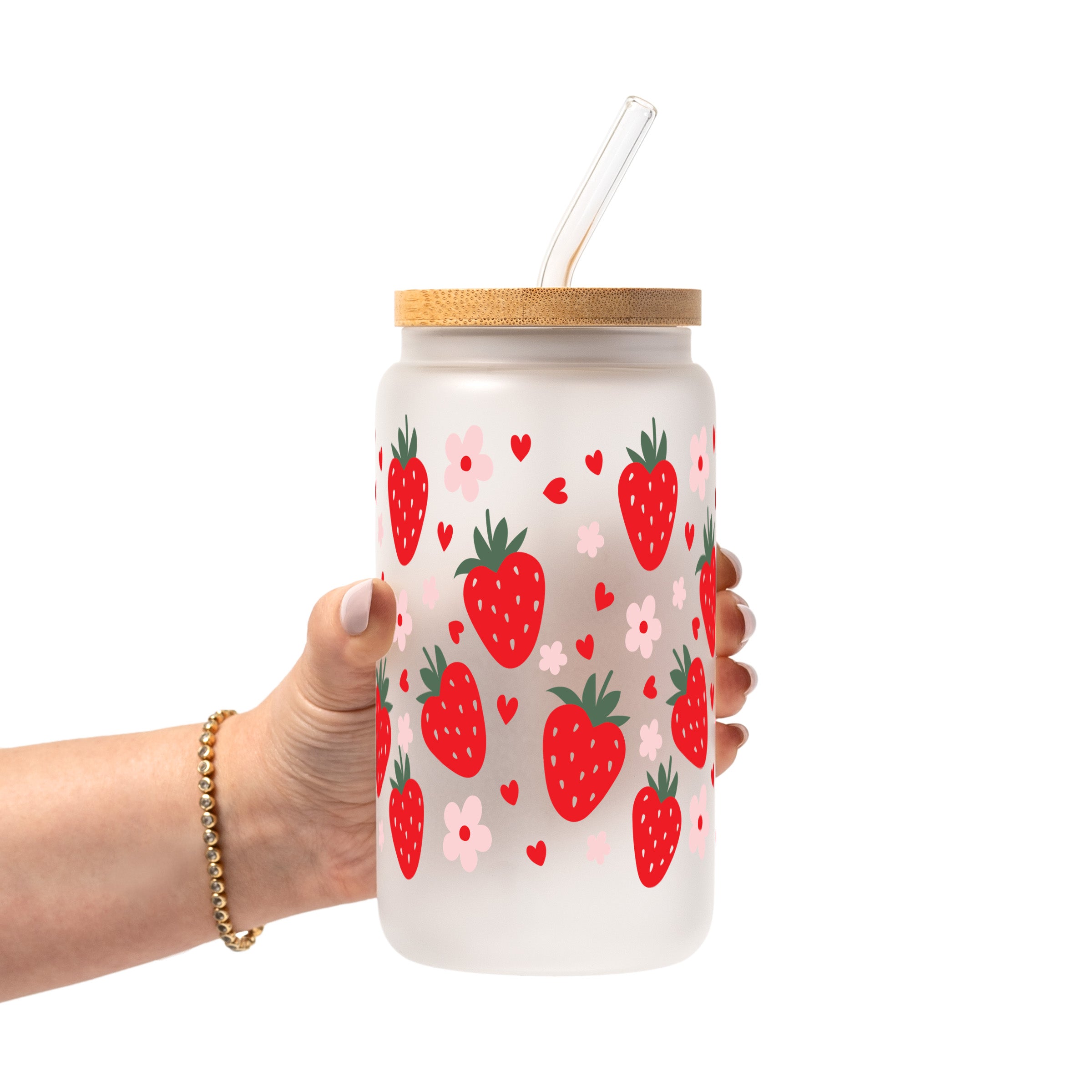 Strawberry Floral Glass Cup, Mug & Tumbler with Lid and Straw