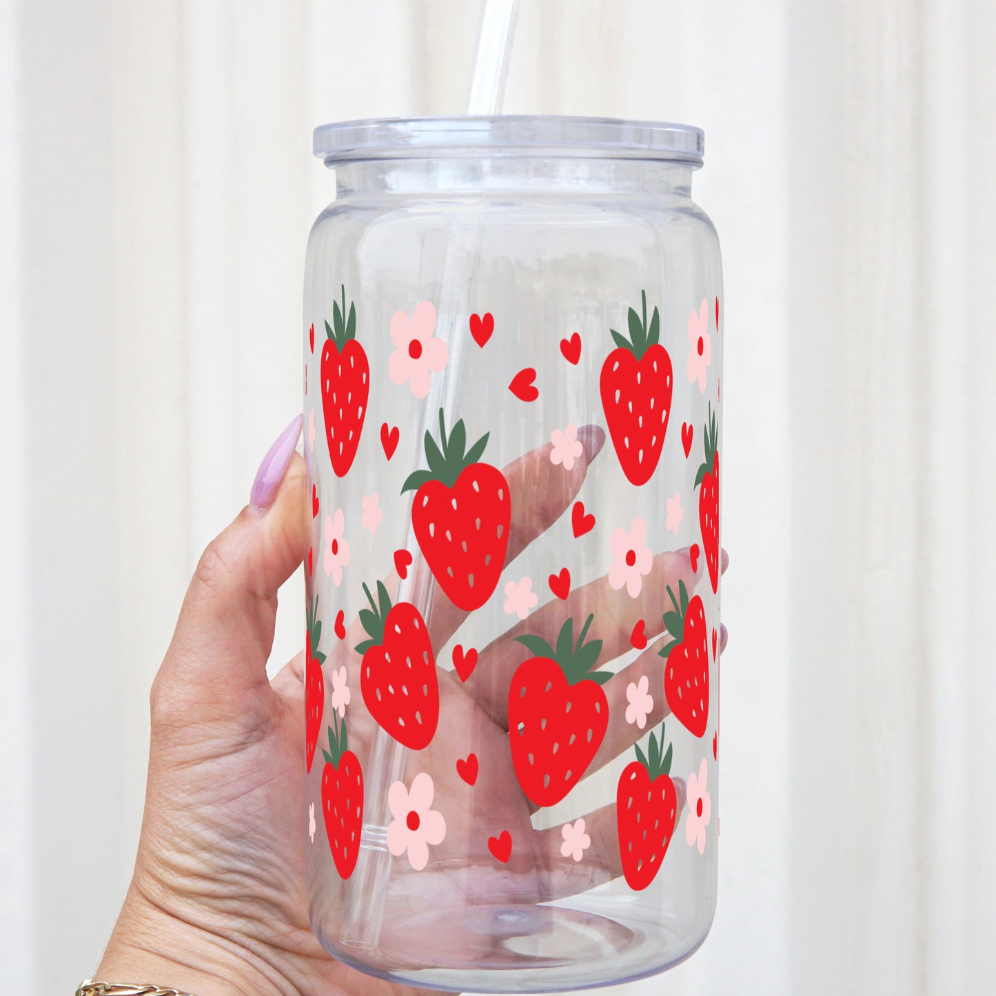 Strawberries, Flowers, and Daisies 16oz Acrylic Plastic Cup with Clear Lid