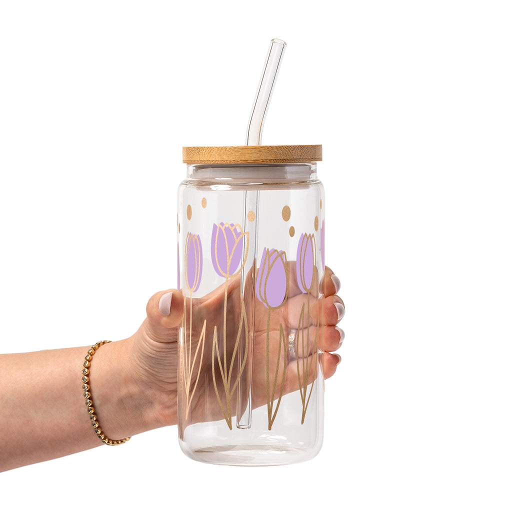 Purple Tulip Glass Cup, Mug & Tumbler with Lid and Straw