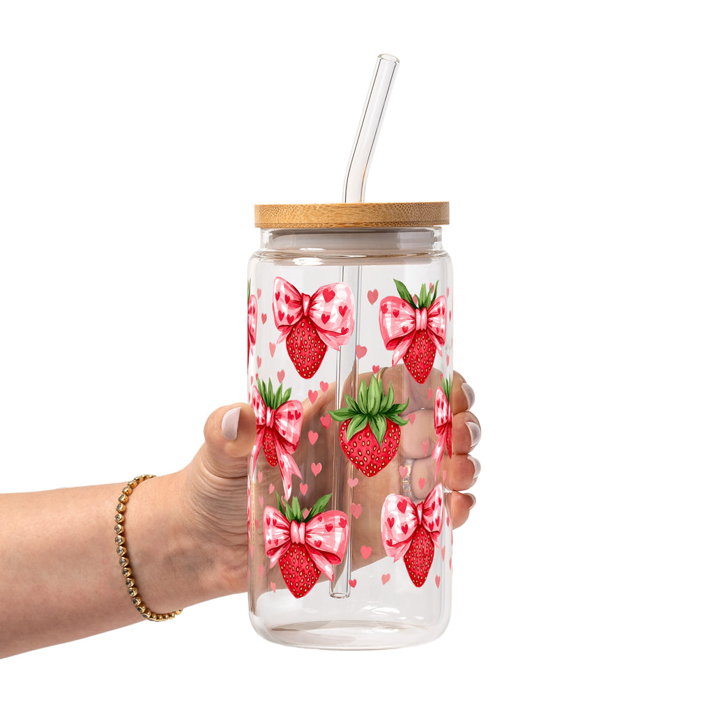 Valentine's Day Strawberry Bows Glass Cup, Mug & Tumbler with Lid and Straw