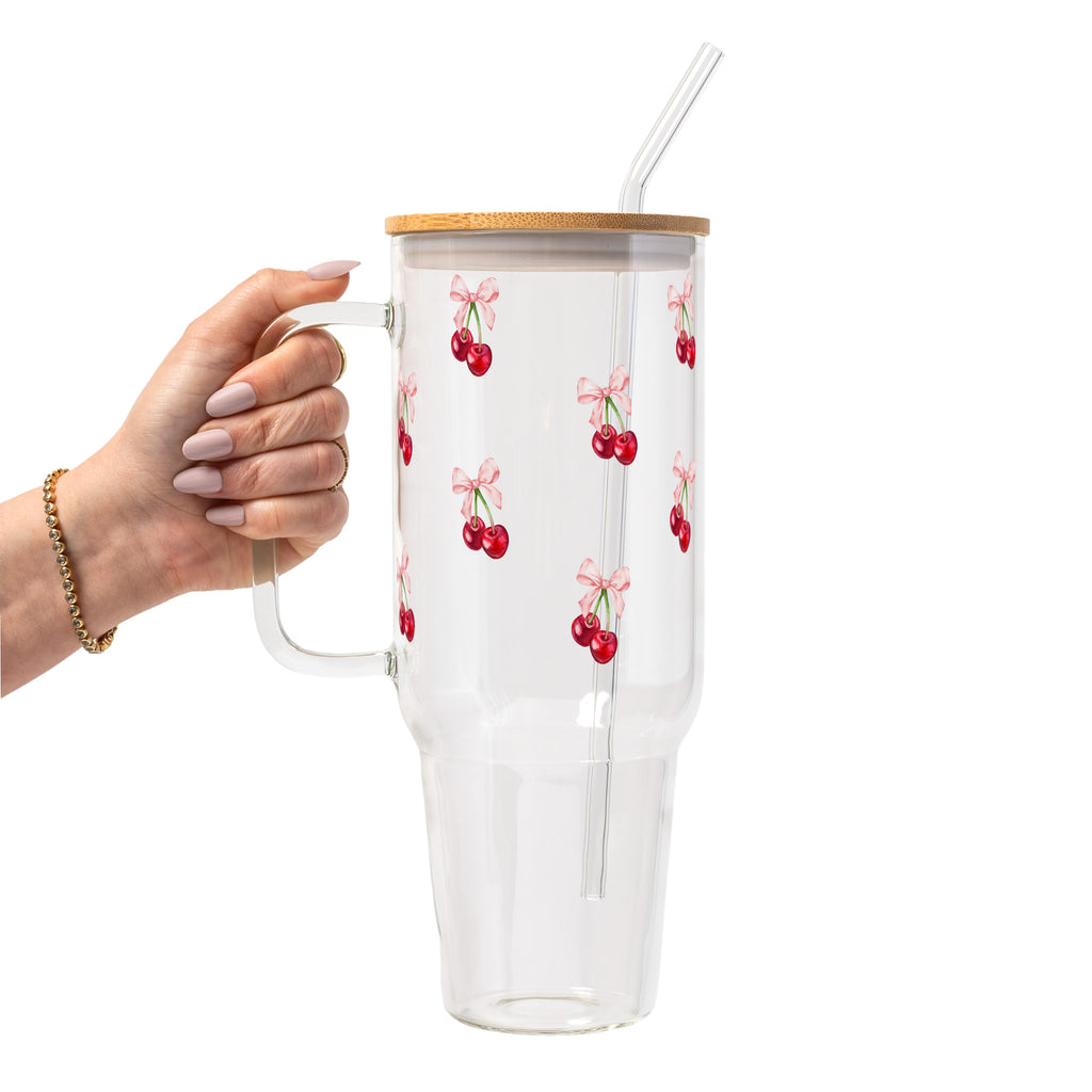 Vintage Cherry Bows Glass Cup, Mug & Tumbler with Lid and Straw