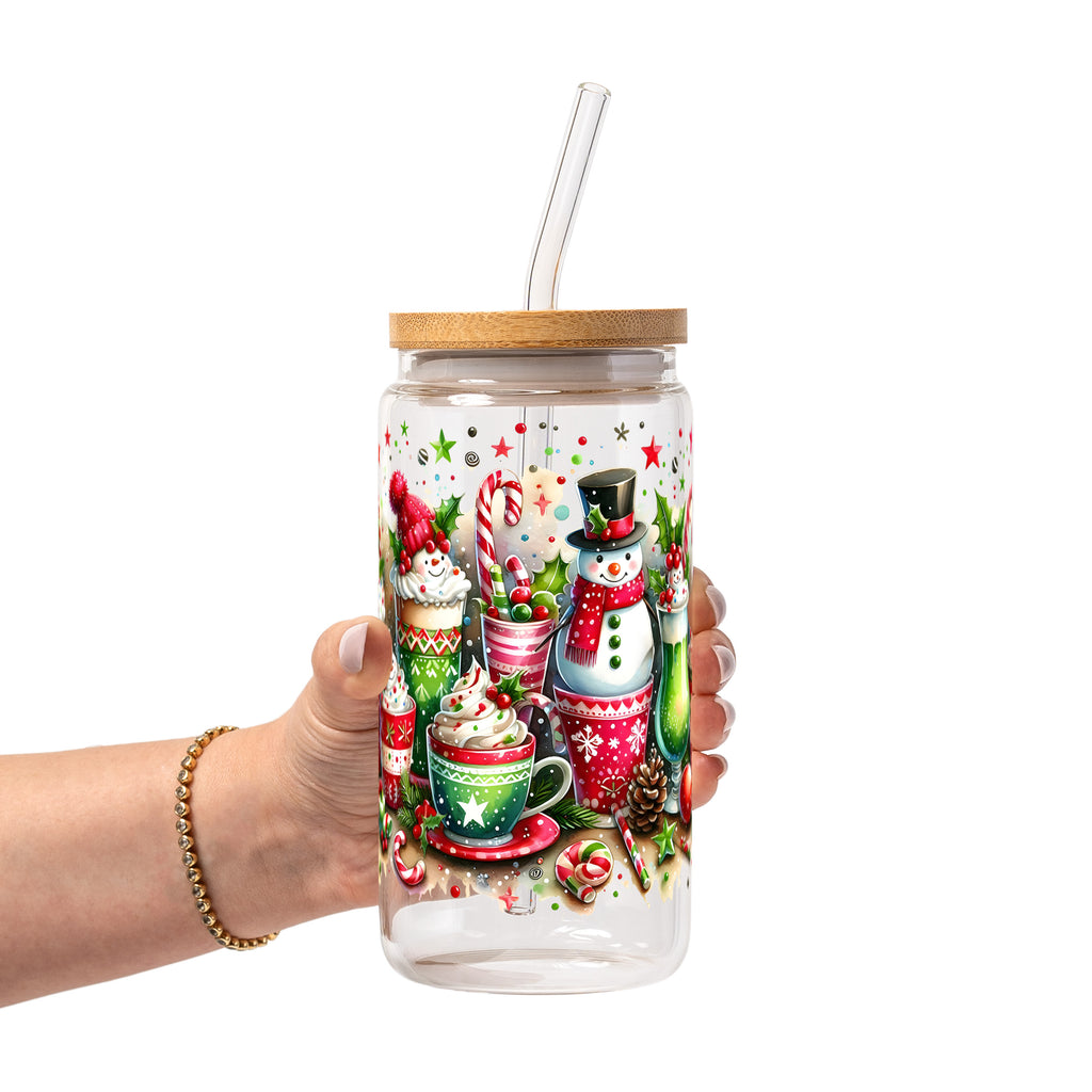 Holiday Snowman Glass Cup, Mug & Tumbler with Lid and Straw