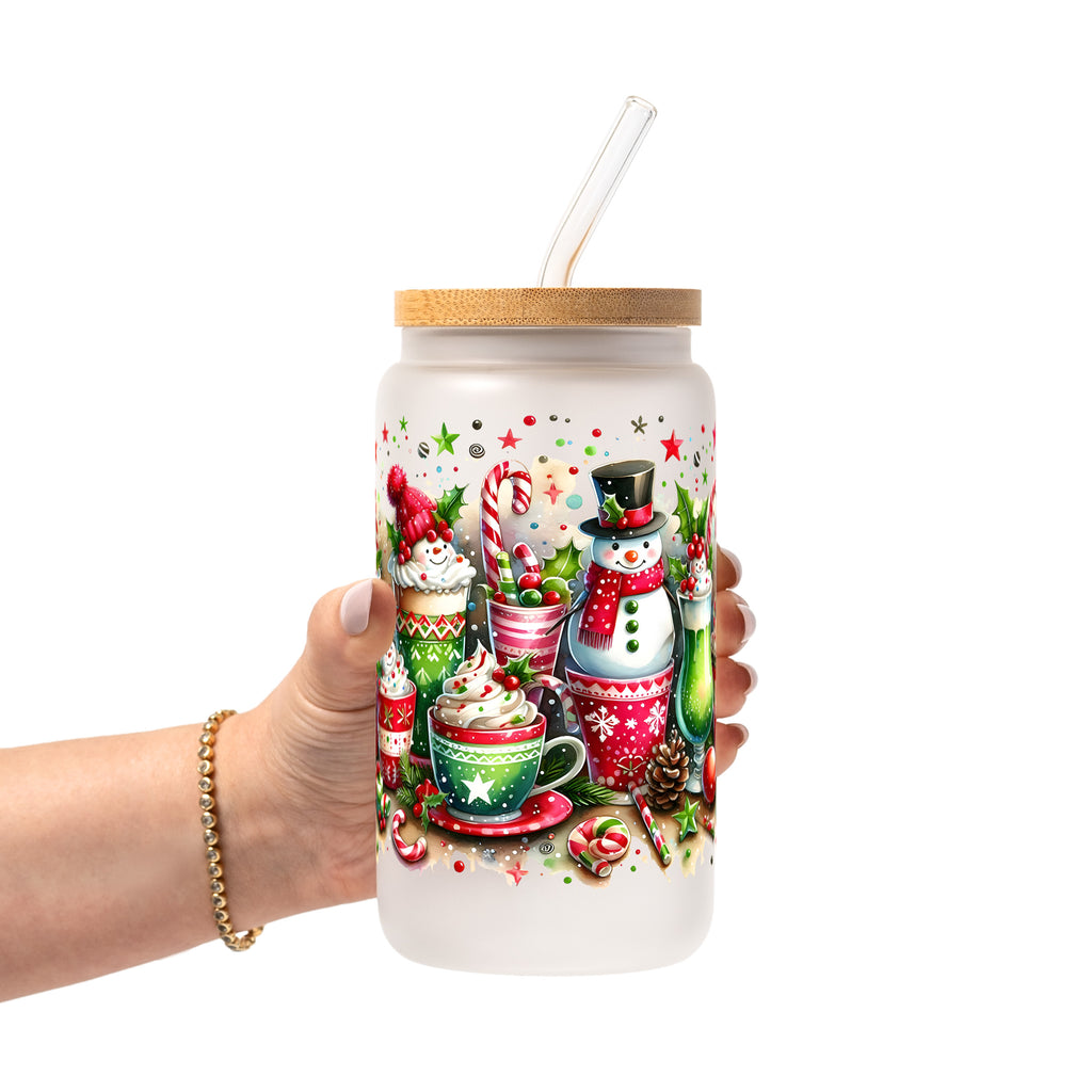 Holiday Snowman Glass Cup, Mug & Tumbler with Lid and Straw