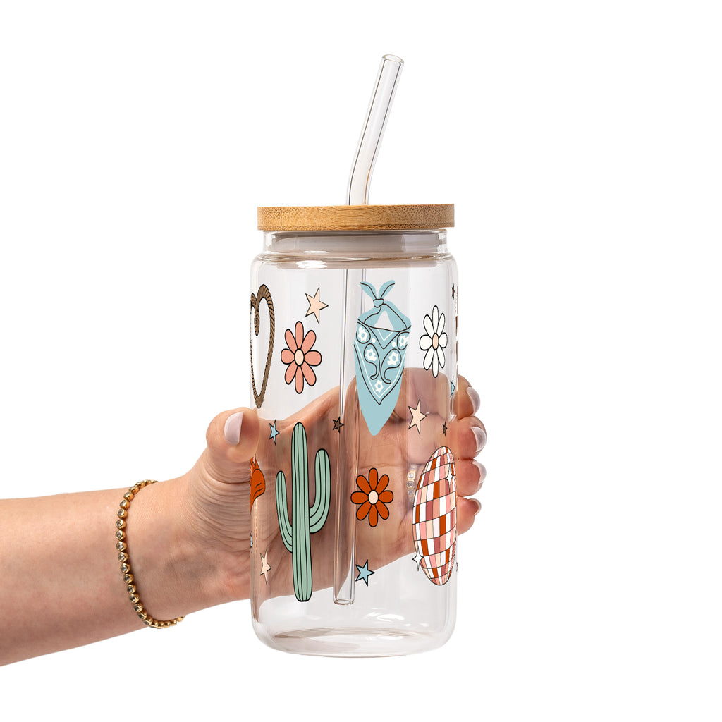 Cute Western Disco Glass Cup, Mug & Tumbler with Lid and Straw