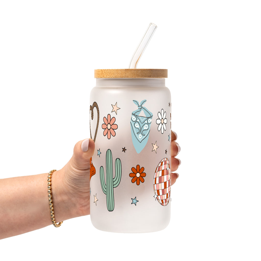 Cute Western Disco Glass Cup, Mug & Tumbler with Lid and Straw