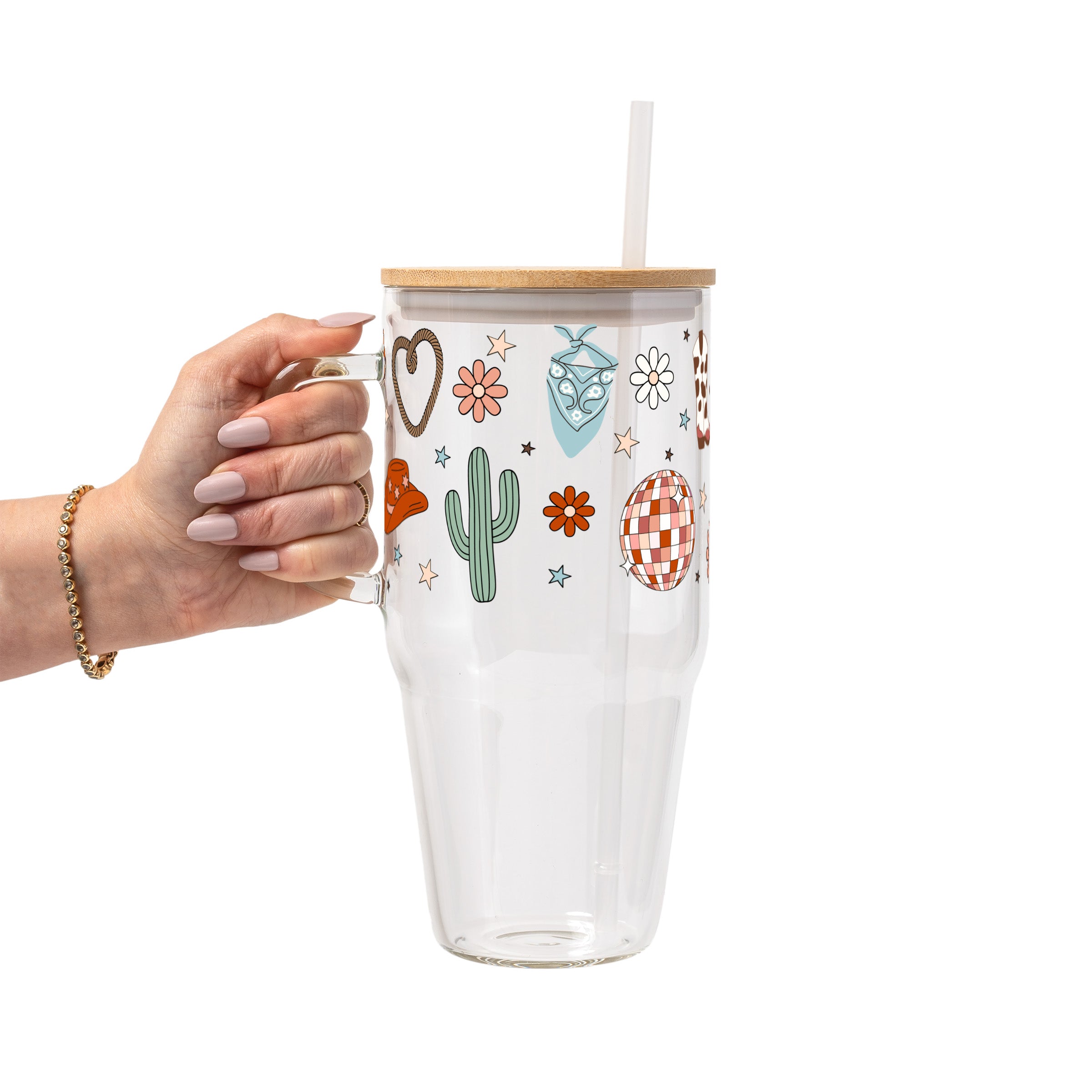 Cute Western Disco Glass Cup, Mug & Tumbler with Lid and Straw