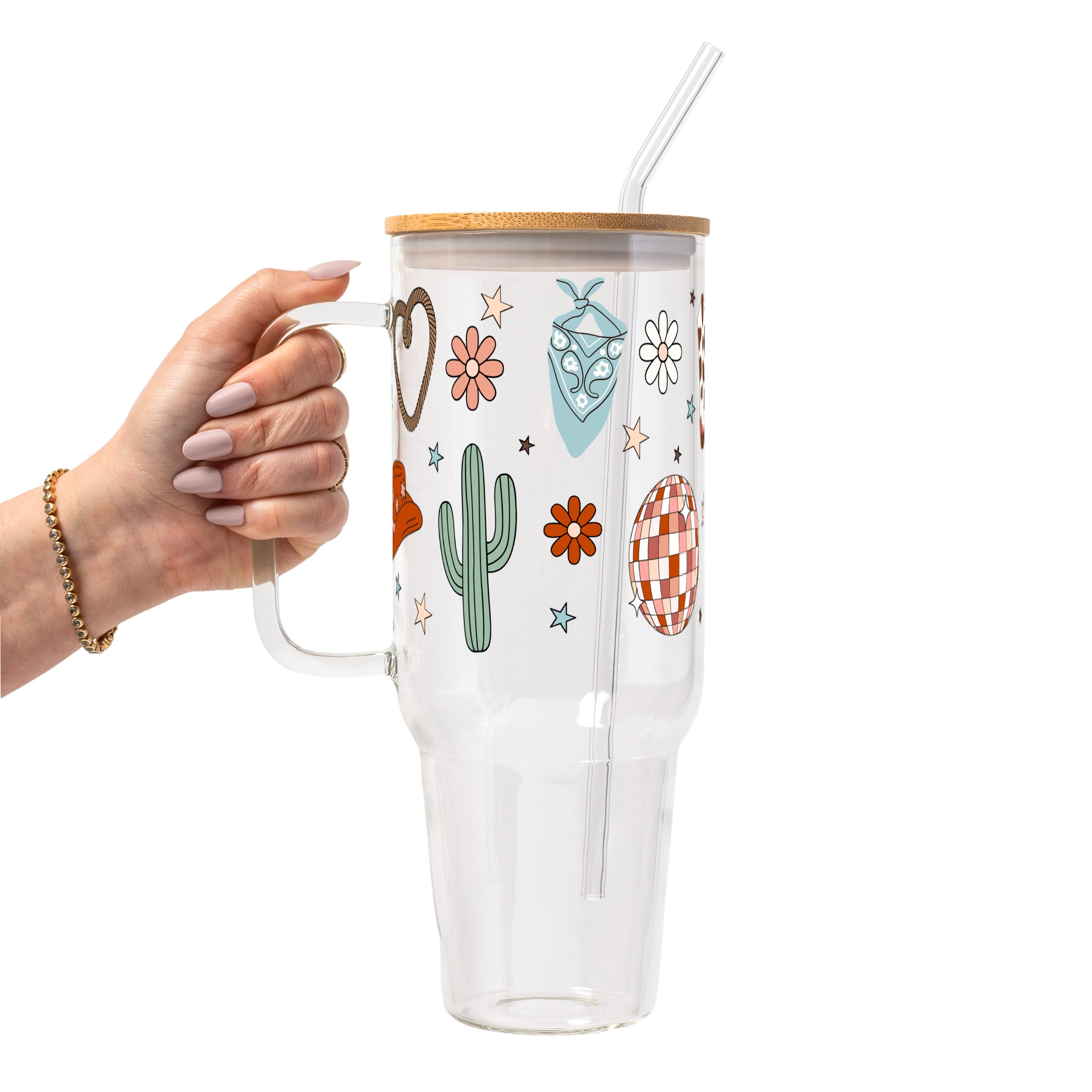 Cute Western Disco Glass Cup, Mug & Tumbler with Lid and Straw