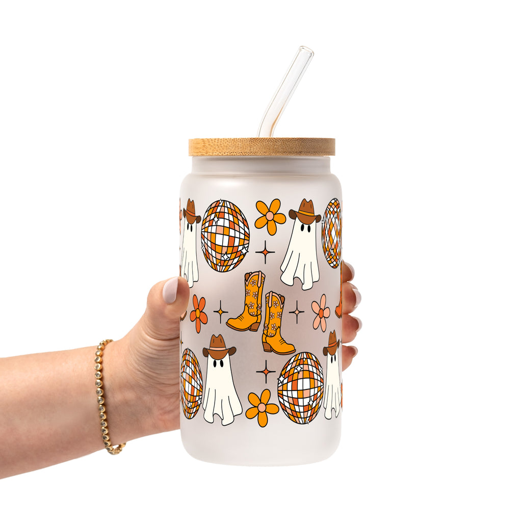 Western Disco Ghost Glass Cup, Mug & Tumbler with Lid and Straw