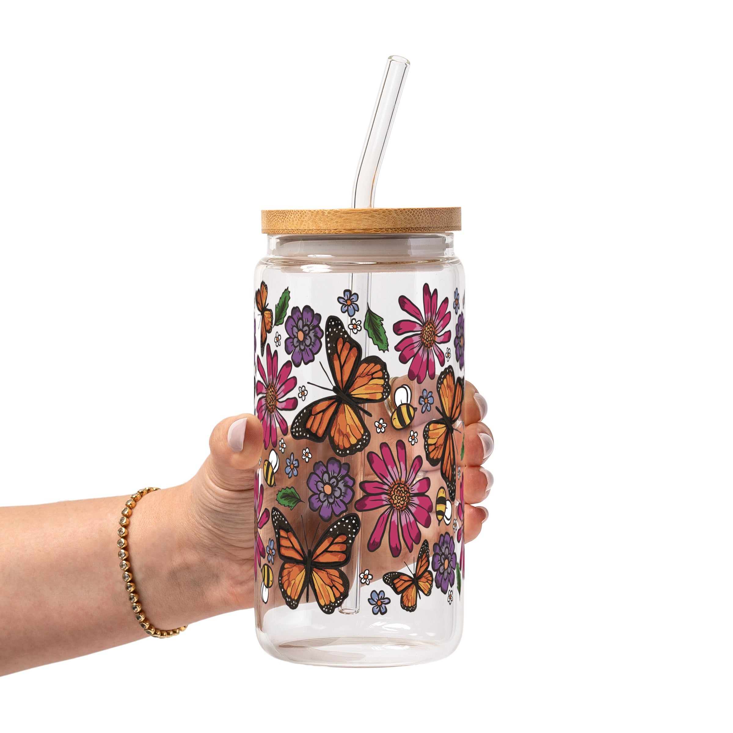 Butterfly Garden Glass Cup, Mug & Tumbler with Lid and Straw