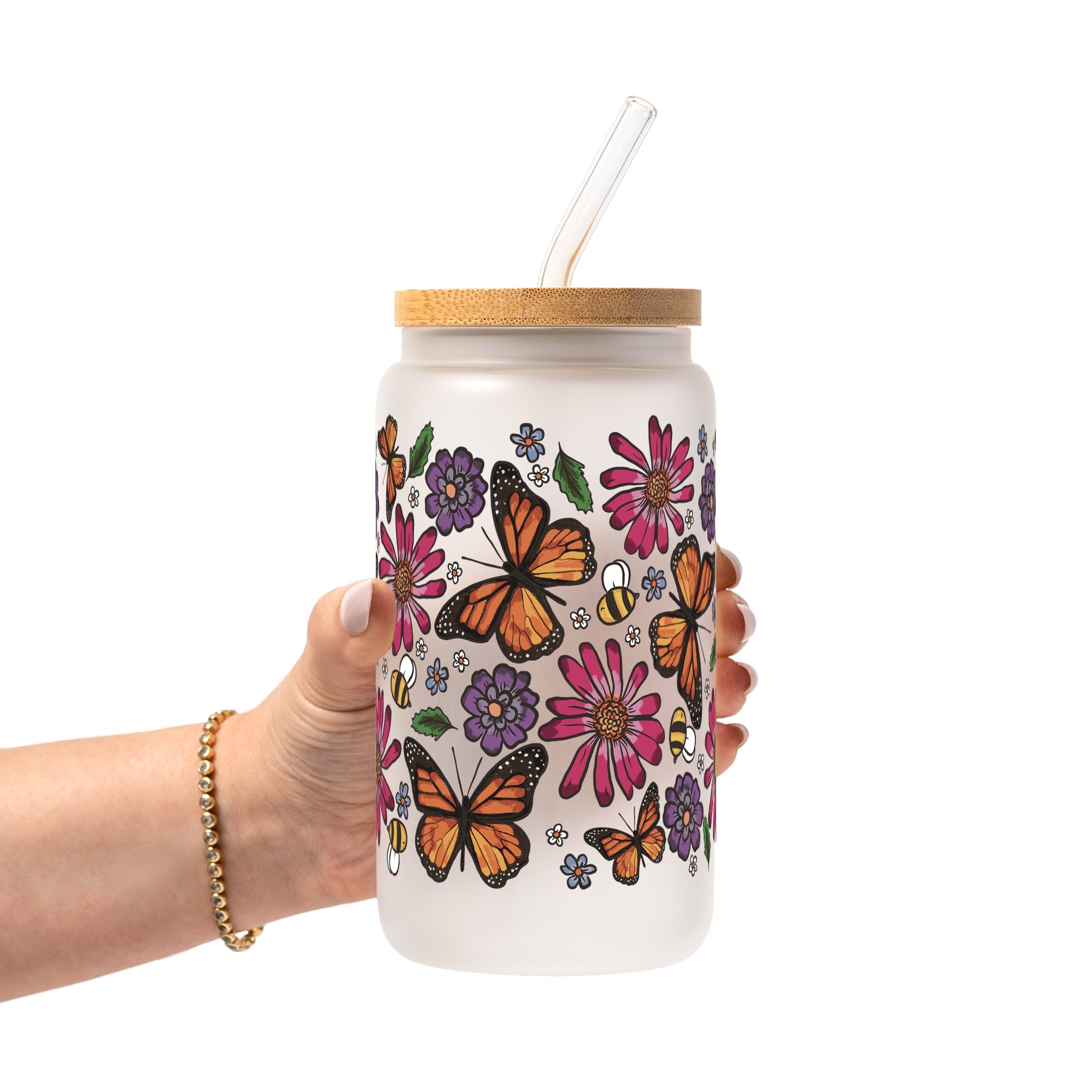 Butterfly Garden Glass Cup, Mug & Tumbler with Lid and Straw
