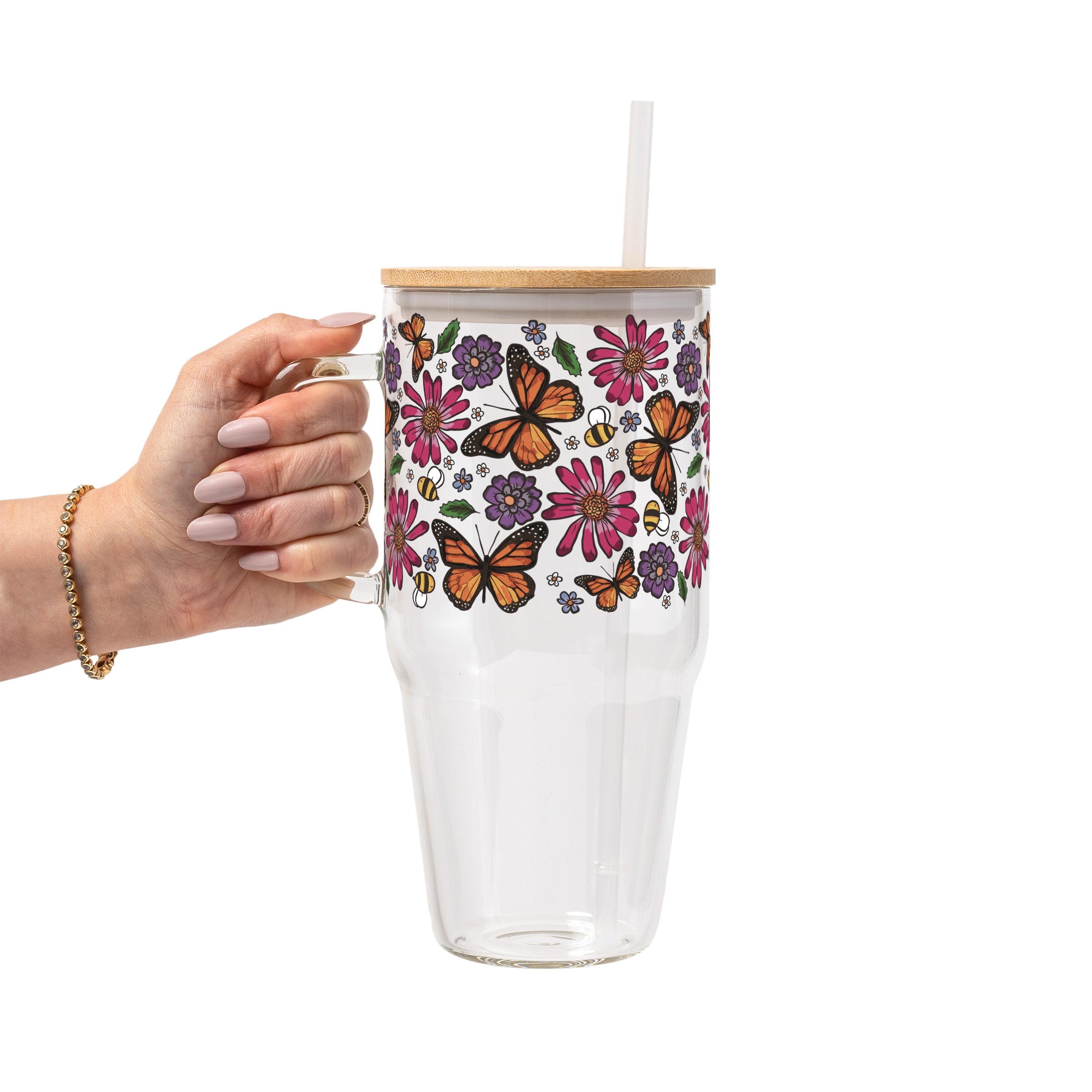 Butterfly Garden Glass Cup, Mug & Tumbler with Lid and Straw