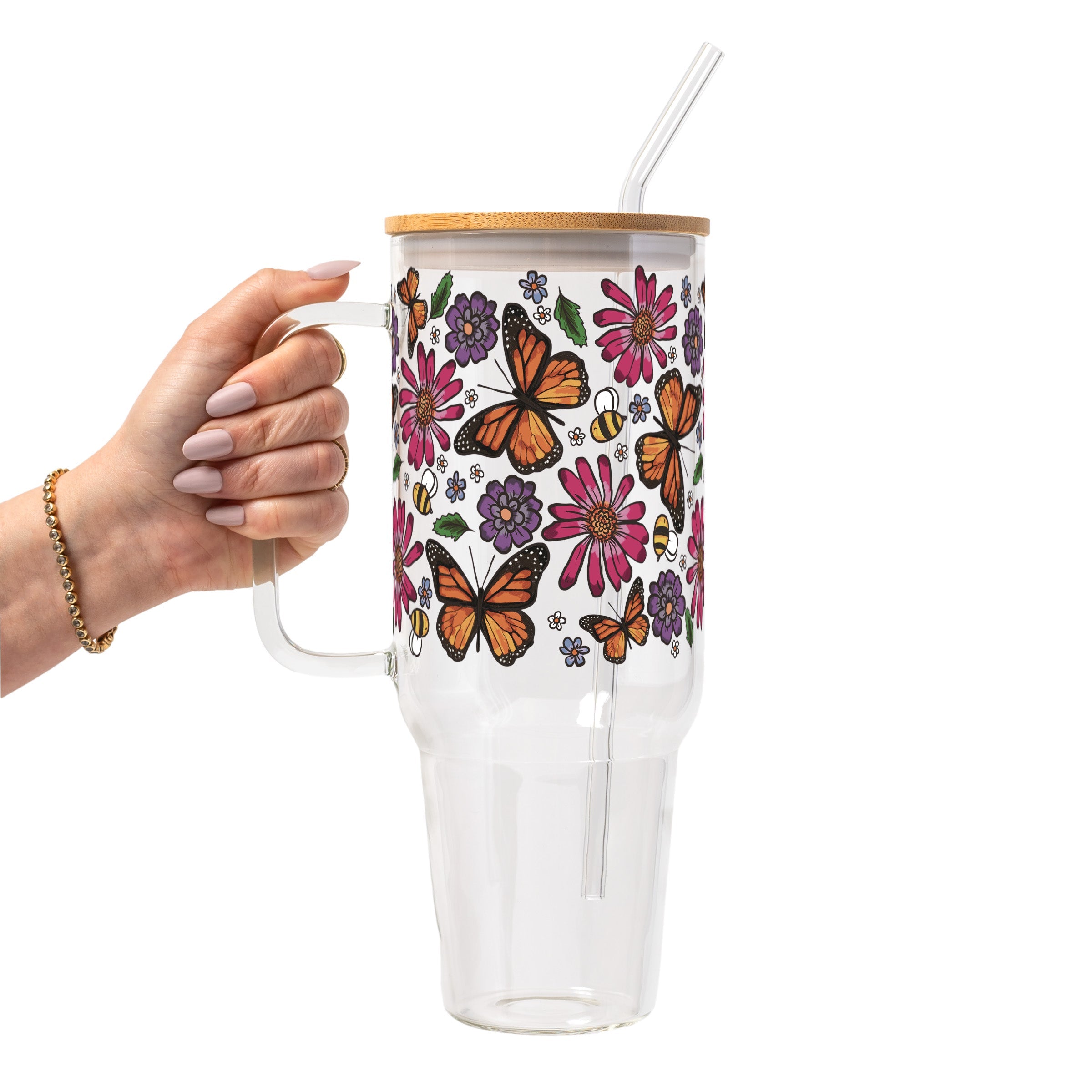 Butterfly Garden Glass Cup, Mug & Tumbler with Lid and Straw