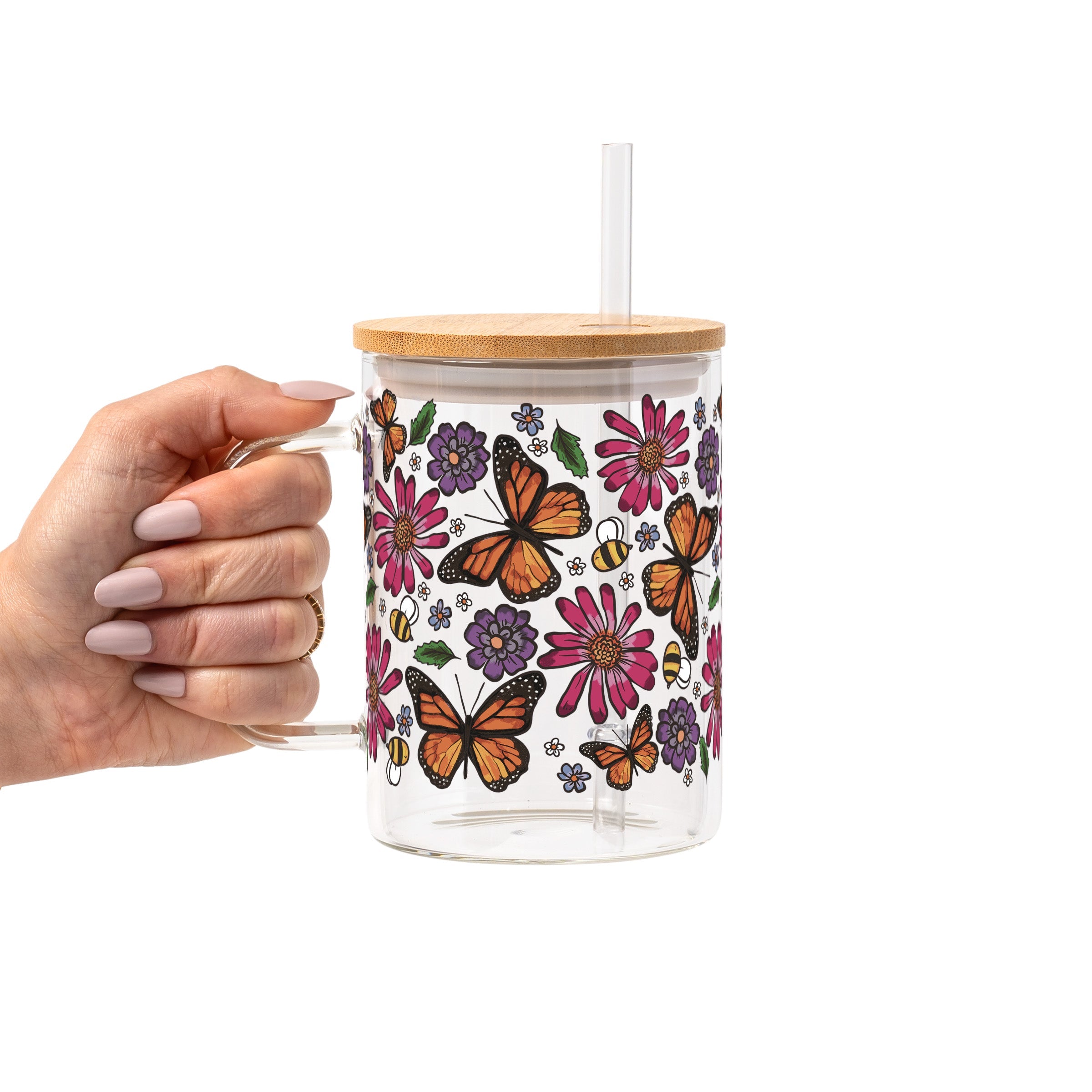 Butterfly Garden Glass Cup, Mug & Tumbler with Lid and Straw