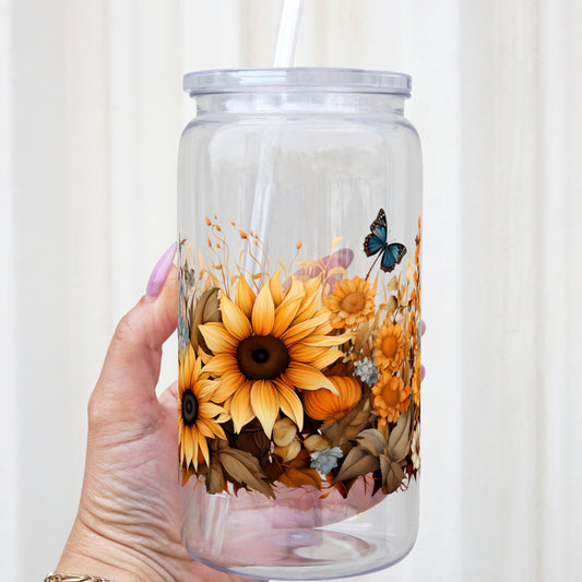 Sunflower 16oz Acrylic Plastic Cup with Clear Lid