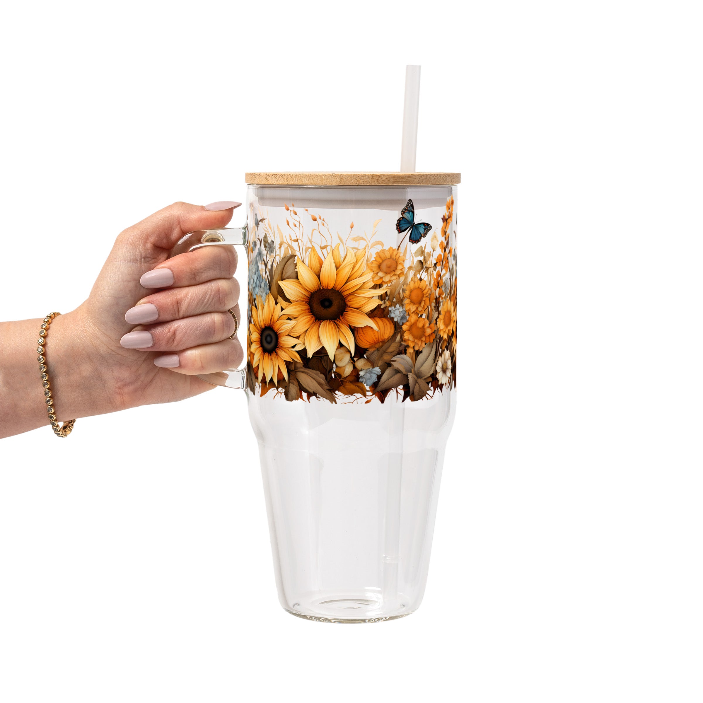 Sunflower Glass Cup, Mug & Tumbler with Lid and Straw