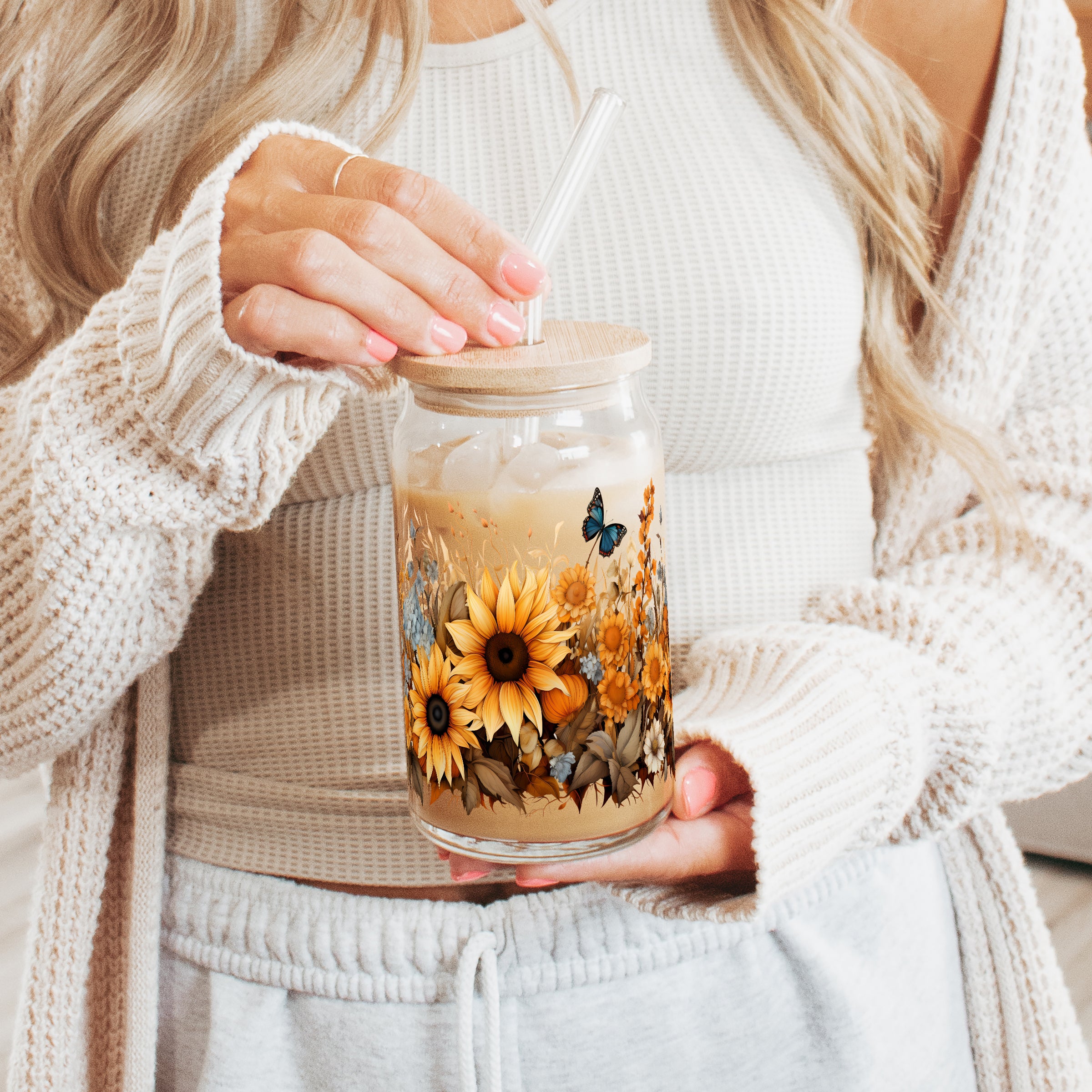 Sunflower Glass Can Cup With Lid and Straw