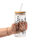 Black Wildflower Glass Cup, Mug & Tumbler with Lid and Straw