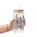 Black Wildflower Glass Cup, Mug & Tumbler with Lid and Straw