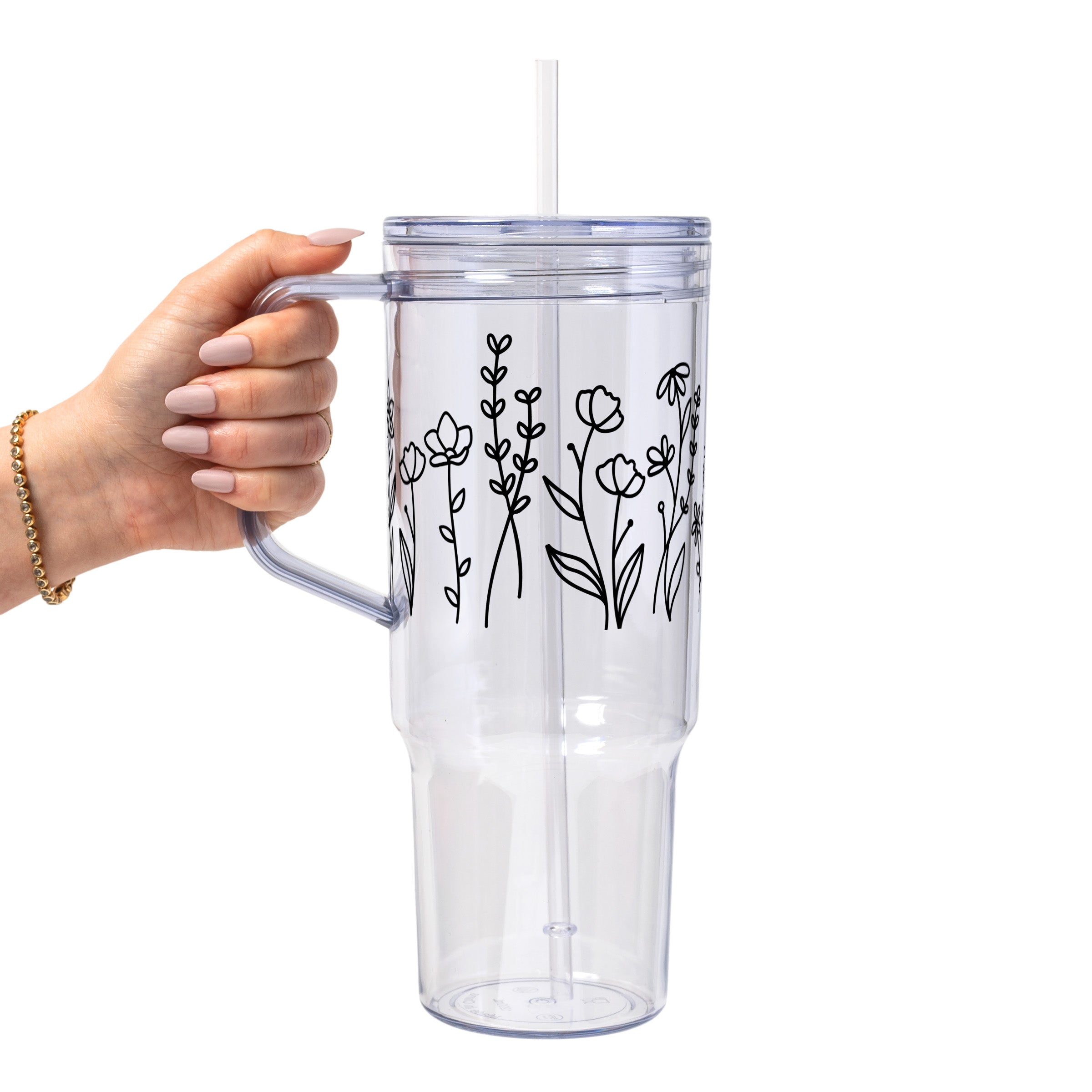 Black Wildflower Glass Cup, Mug & Tumbler with Lid and Straw