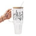 Black Wildflower Glass Cup, Mug & Tumbler with Lid and Straw