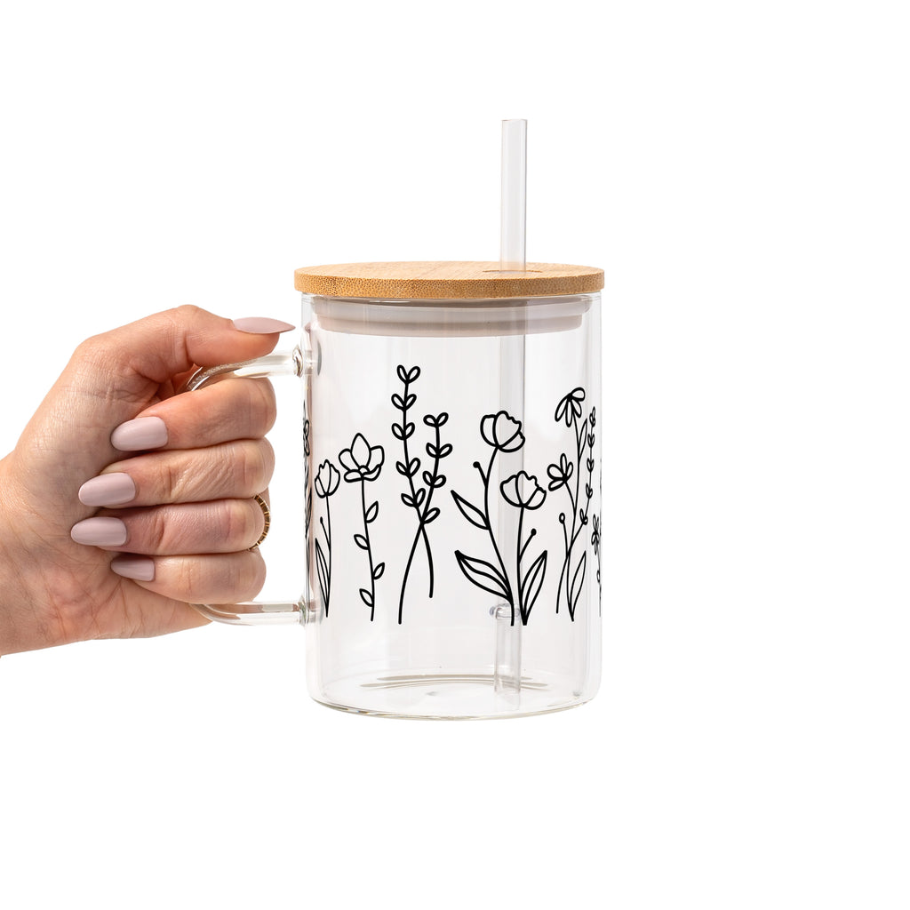 Black Wildflower Glass Cup, Mug & Tumbler with Lid and Straw