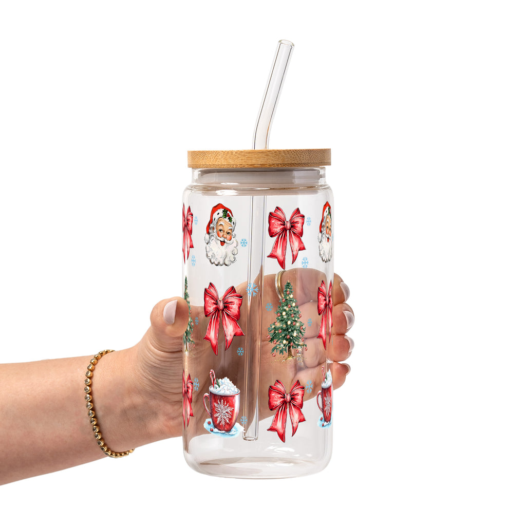 Christmas Bow Clause Glass Cup, Mug & Tumbler with Lid and Straw