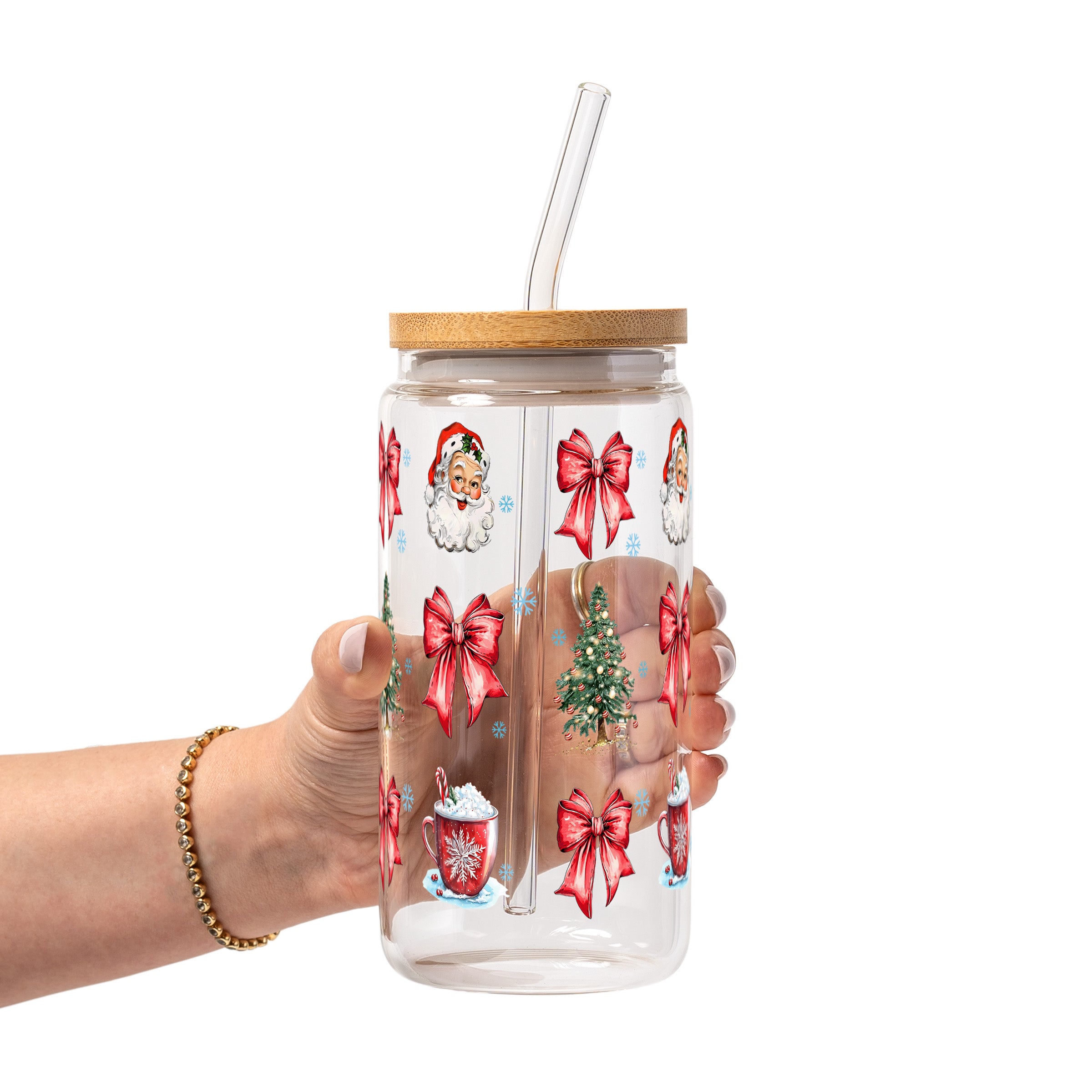 Christmas Bow Clause Glass Cup, Mug & Tumbler with Lid and Straw
