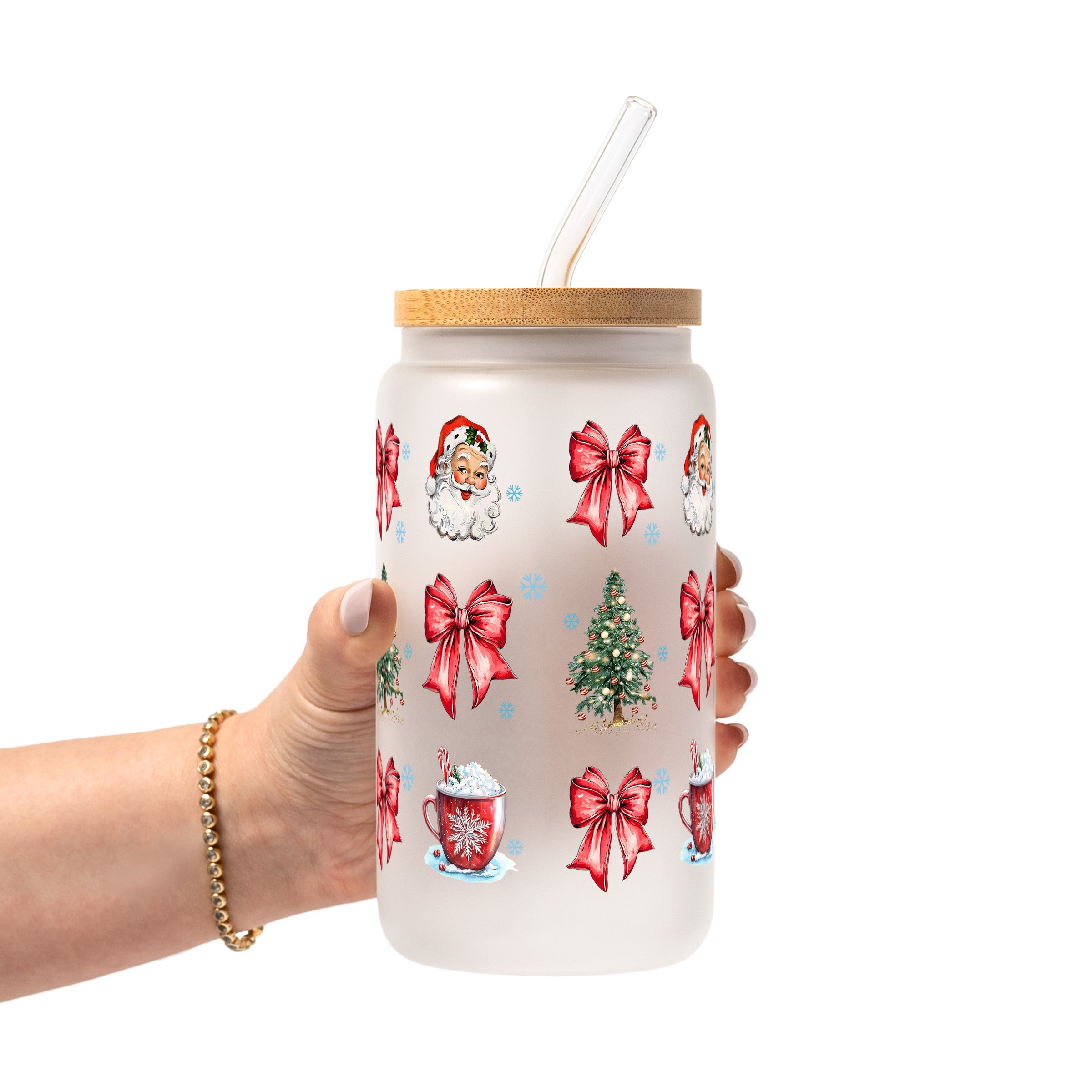 Christmas Bow Clause Glass Cup, Mug & Tumbler with Lid and Straw