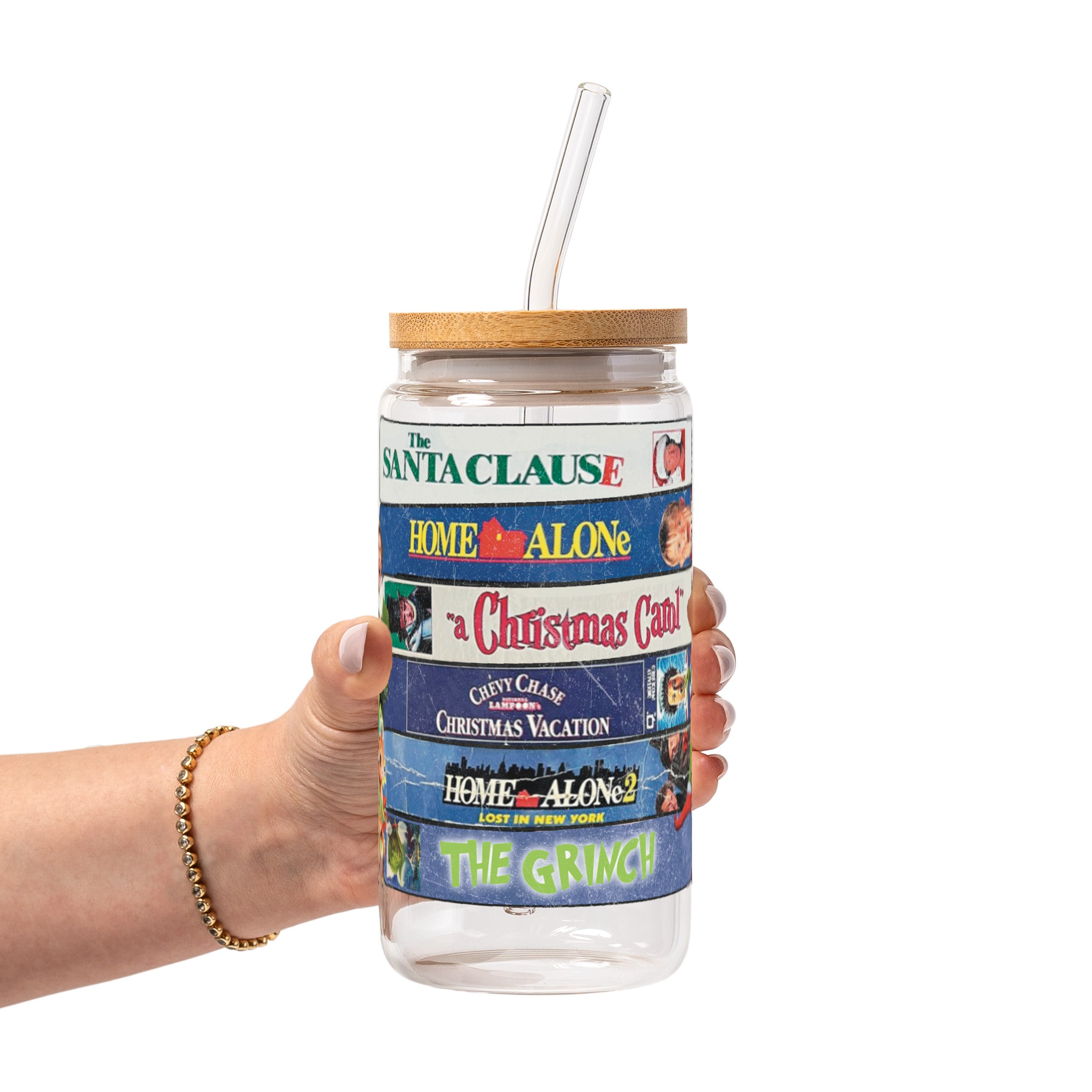 Christmas Movies Glass Cup, Mug & Tumbler with Lid and Straw