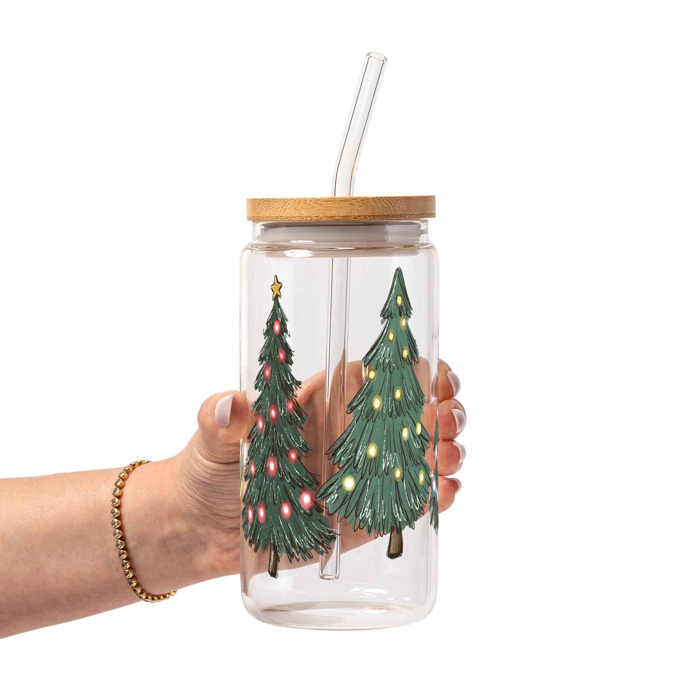 Green Christmas Trees Glass Cup, Mug & Tumbler with Lid and Straw