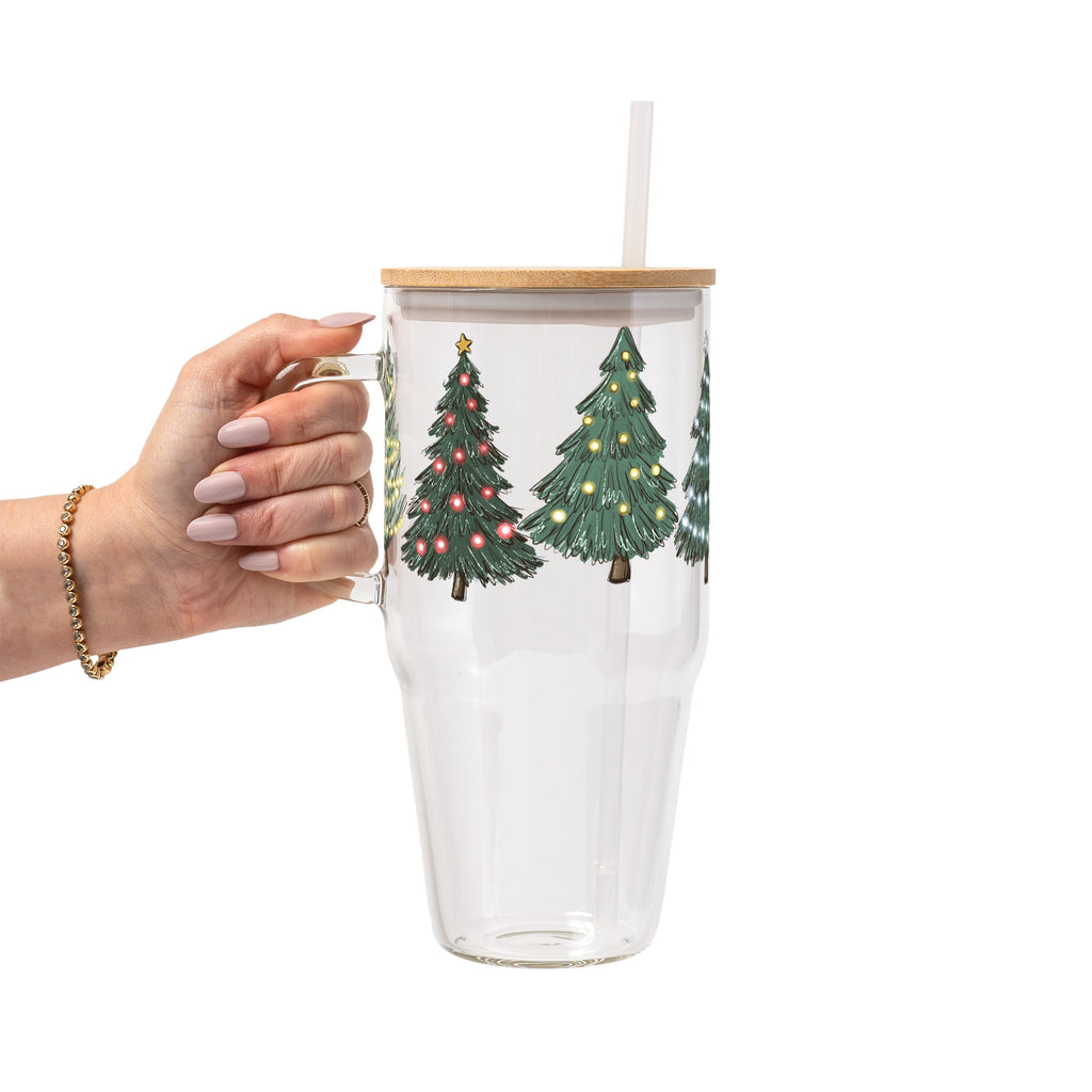 Green Christmas Trees Glass Cup, Mug & Tumbler with Lid and Straw