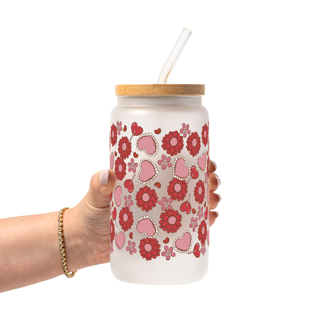 Valentine's Day Flowers And Candy Glass Cup, Mug & Tumbler with Lid and Straw