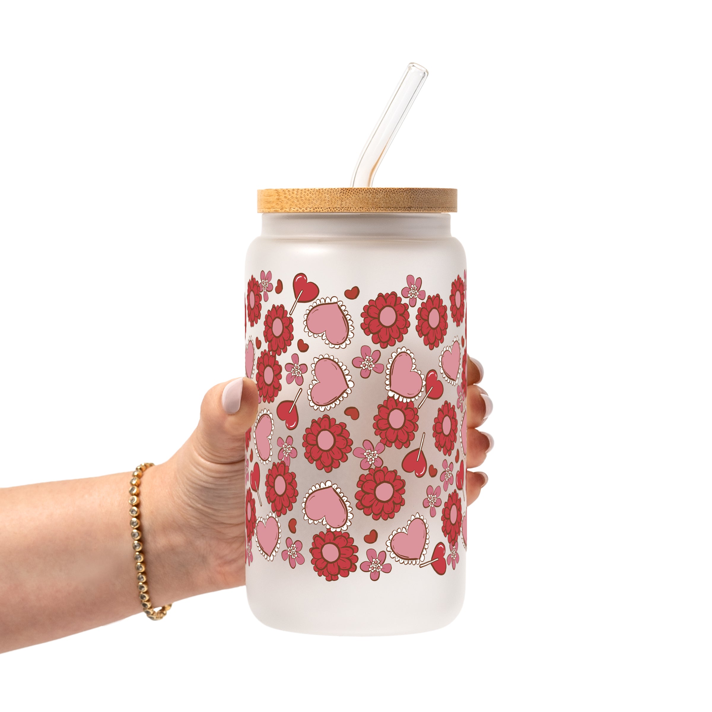 Valentine's Day Flowers And Candy Glass Cup, Mug & Tumbler with Lid and Straw